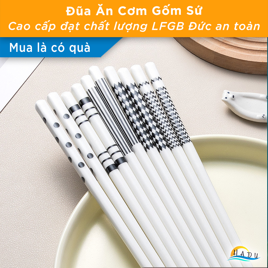 Bộ 5 Đôi Đũa Gốm Sứ HADU Cao Cấp, Chịu Nhiệt, Dùng Cho Máy Rửa Bát, 24.5cm