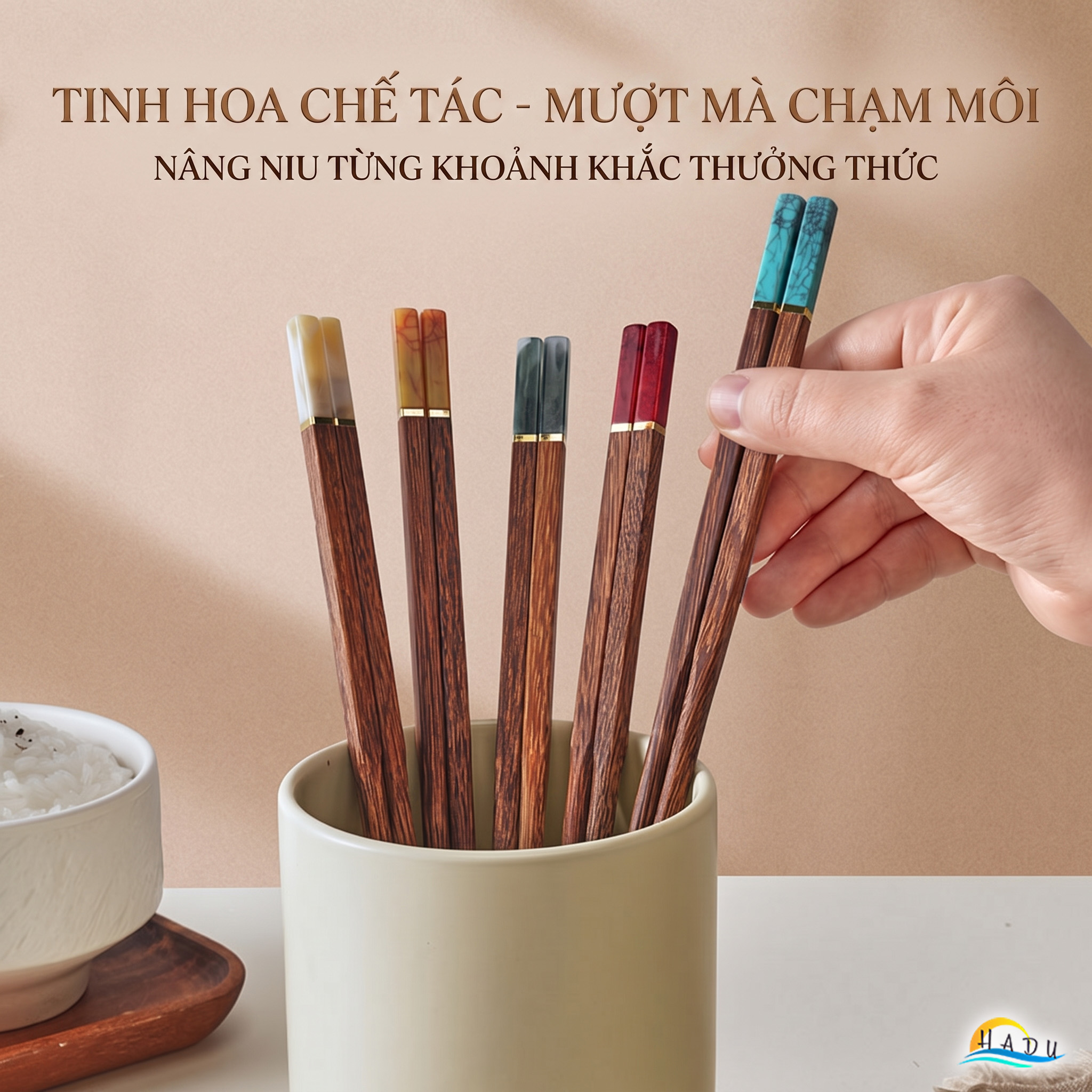 [5 Đôi] Đũa Ăn Cơm Gỗ Tự Nhiên Cánh Gà Cao Cấp Khảm Ngọc Thạch Sang Trọng Chống Ẩm Mốc HADU