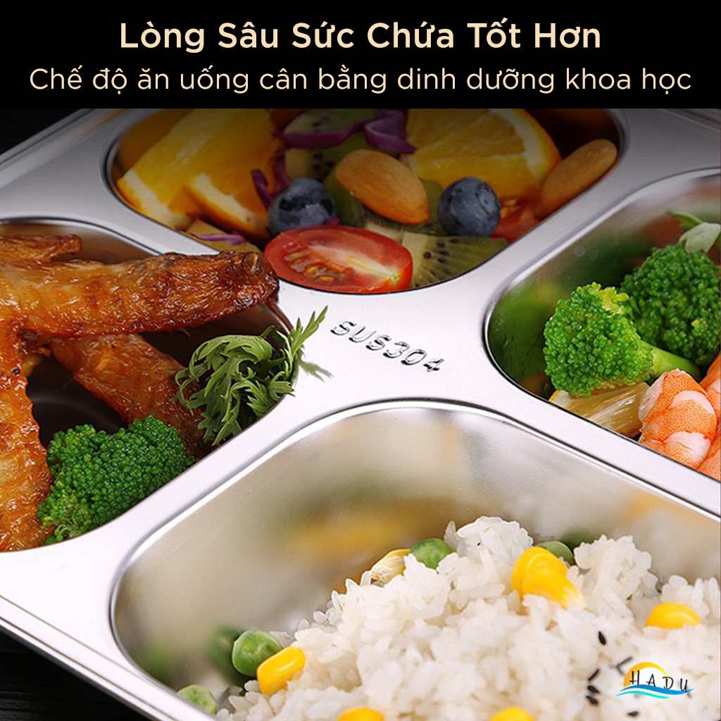 Khay Ăn Cơm Inox 304 SSGP, 4 Ngăn, 5 Ngăn, Có Nắp Đậy, Lòng Sâu, Đạt Chất Lượng LFGB Đức