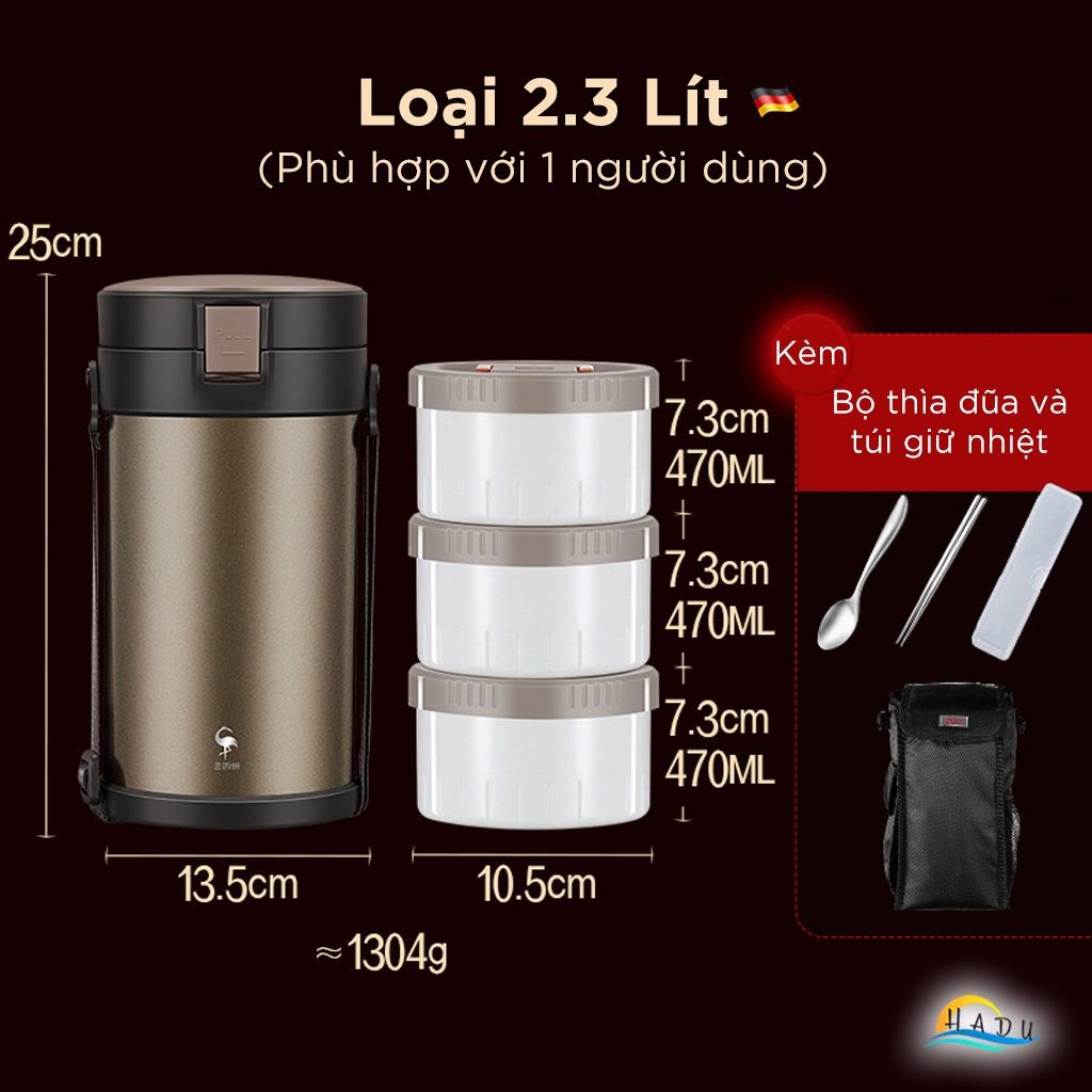 Hộp Cơm Giữ Nhiệt Inox 316L SSGP 2.3L, Giữ Nóng 12 Giờ, Nhiều Ngăn, Đạt Chất Lượng LFGB Đức