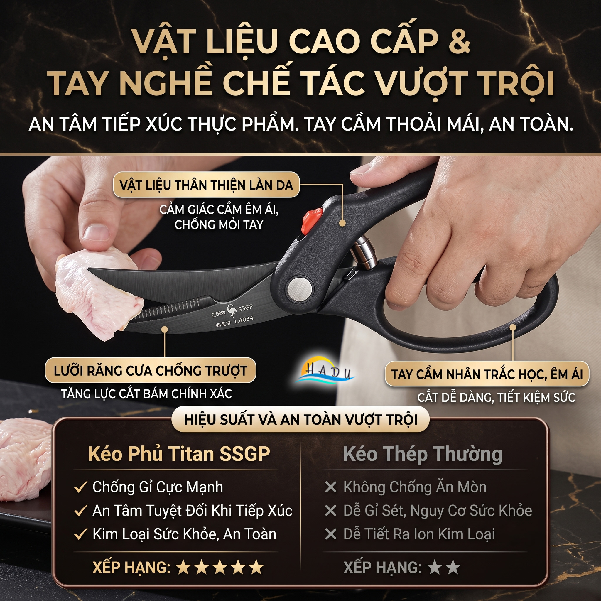 Kéo Cắt Gà Kéo Nhà Bếp Đa Năng Thép Đức Phủ Titan Chống Gỉ Cắt Xương Trợ Lực Cao Cấp SSGP