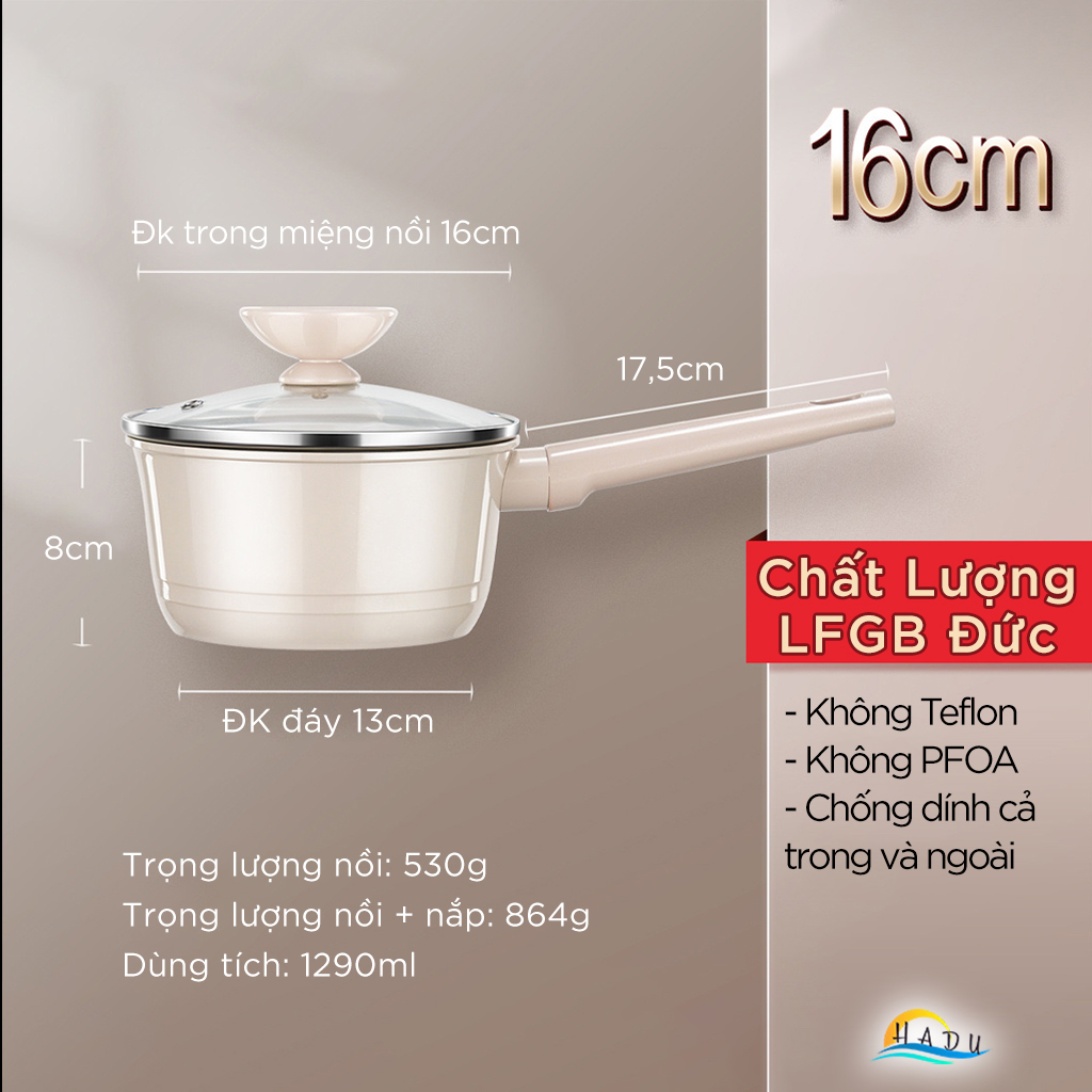 Nồi Chống Dính Gốm Cao Cấp 16cm – Không PFOA, Dẫn Nhiệt Đều, Nắp Thủy Tinh Trong Suốt, Dung Tích 1290ml SSGP
