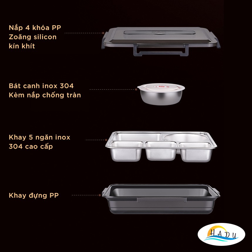 Hộp Đựng Cơm Văn Phòng 4 Tầng Cao Cấp – Giữ Nhiệt, Nhựa PP + Inox 304 An Toàn, Tiện Lợi Mang Đi SSGP
