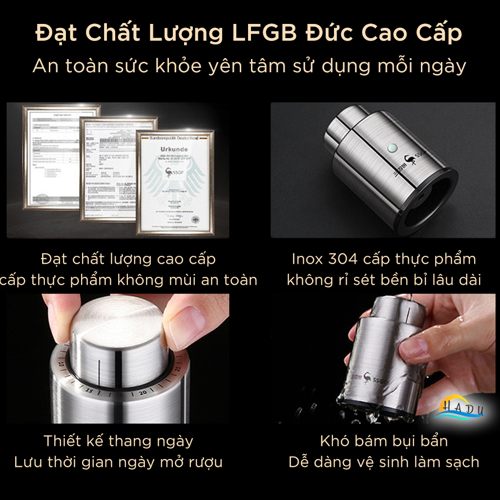 Nút Hút Chân Không Rượu Vang SSGP, Inox 304, Có Vạch Ngày, Cho Vang & Sâm Panh, Đạt Chất Lượng LFGB Đức