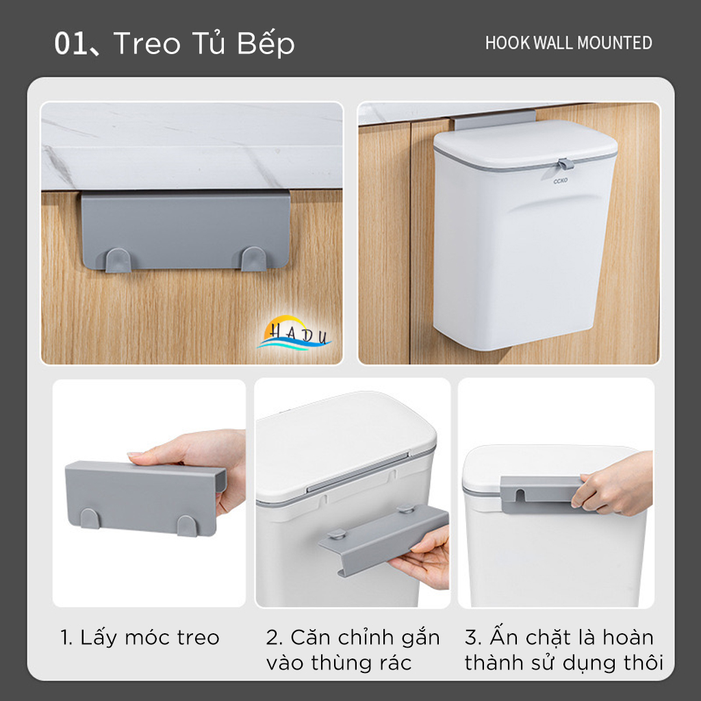 Thùng Rác Treo Tủ Bếp CCKO 7L 9L, Nắp Ngăn Mùi, 2 Chế Độ Mở (Trượt & Lật)