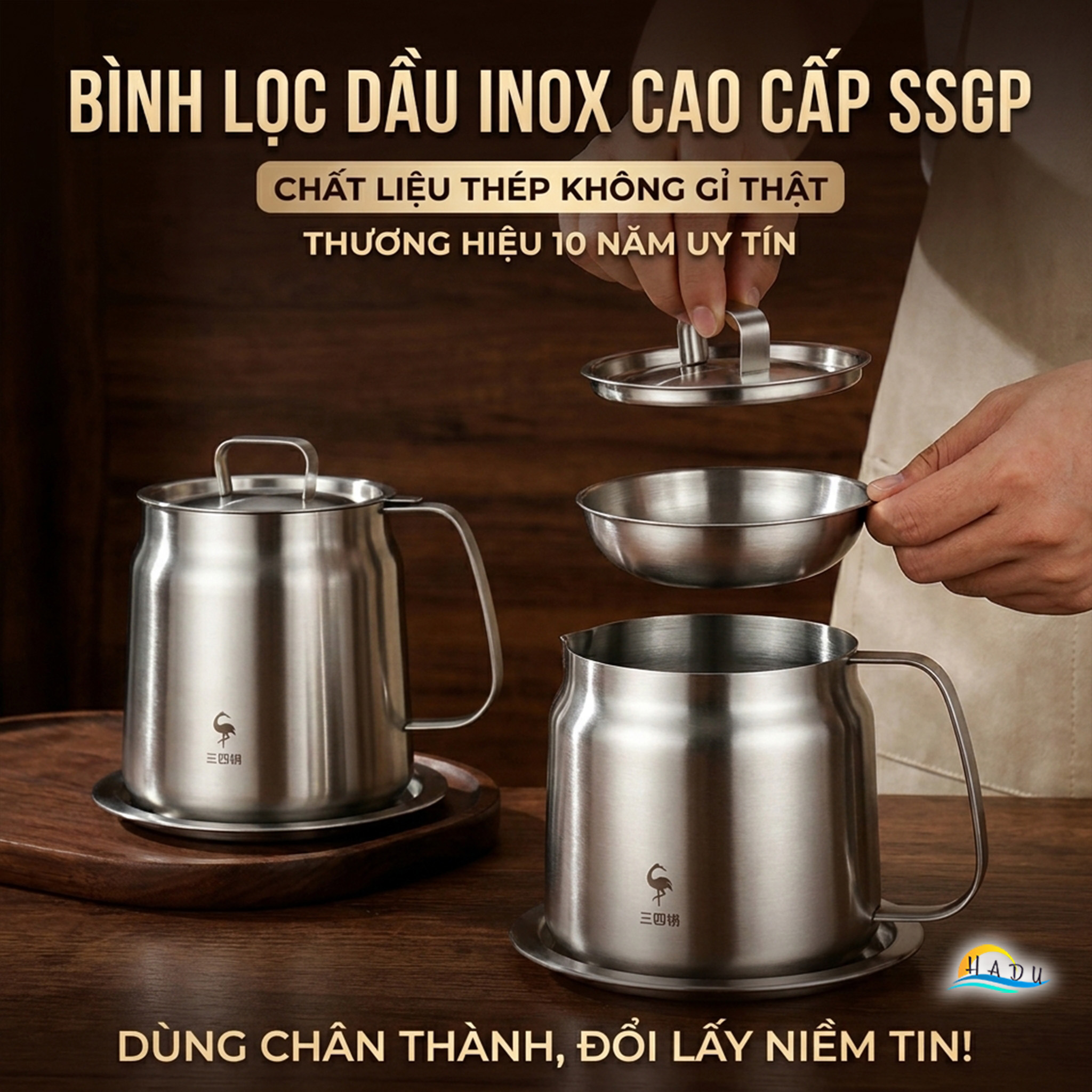 Bình Ca Lọc Dầu Ăn Inox 304 Cao Cấp Có Khay Hứng Tiện Lợi Đạt Chất Lượng LFGB SSGP