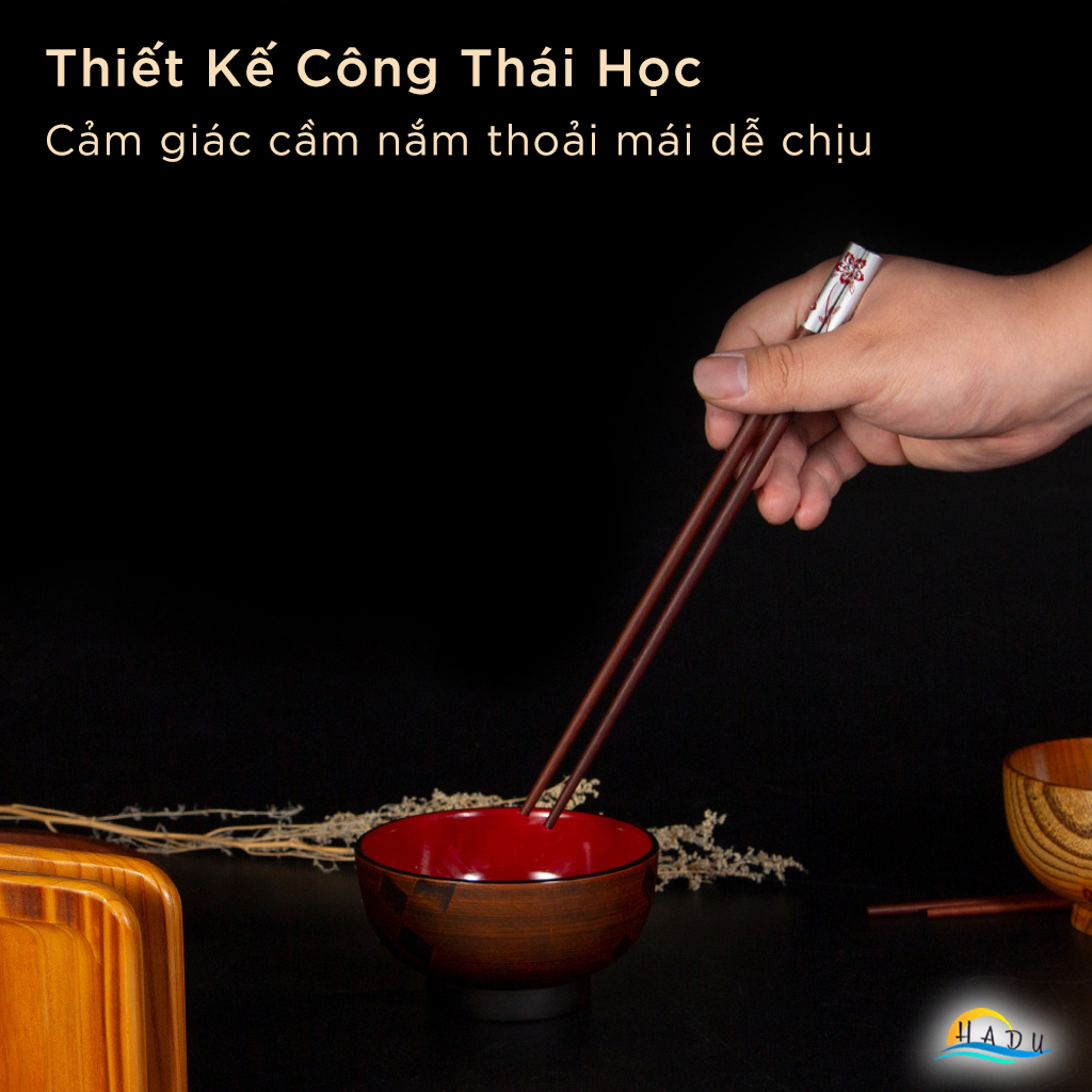 Bộ 10 Đôi Đũa Gỗ Đàn Hương Đỏ HADU, Đầu Hợp Kim Nhôm, Chống Mốc, Dài 24.3cm