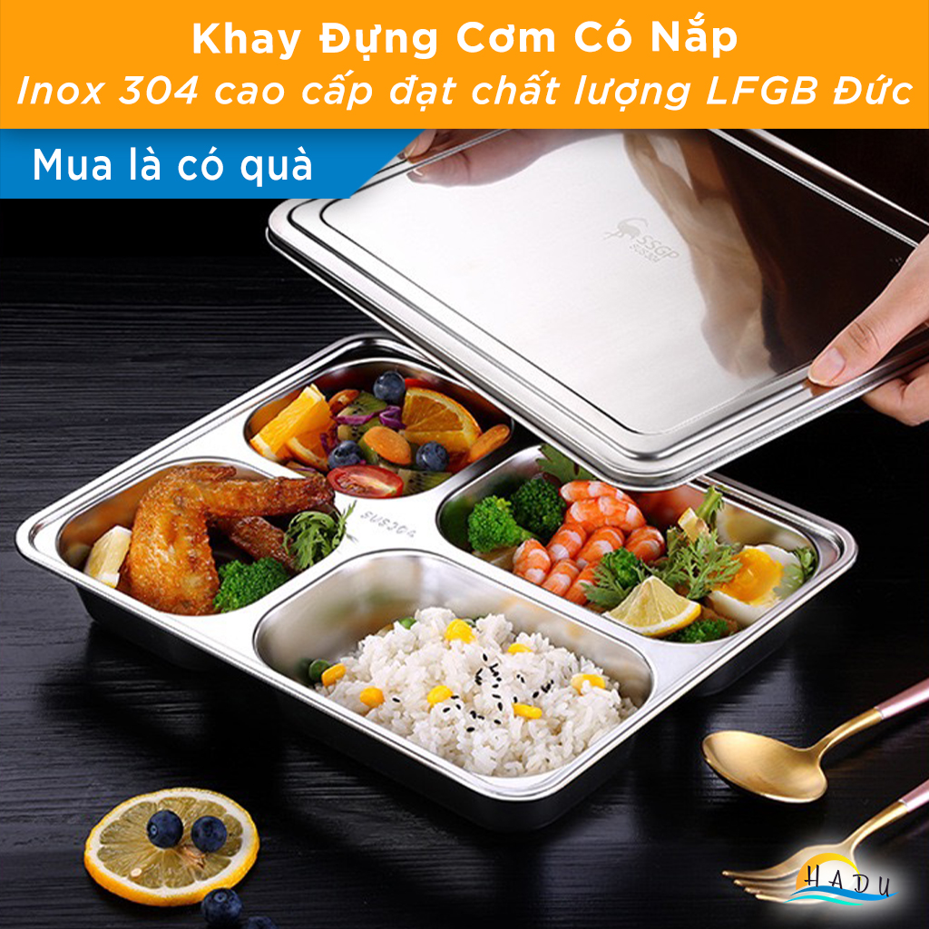 Khay Ăn Cơm Inox 304 SSGP, 4 Ngăn, 5 Ngăn, Có Nắp Đậy, Lòng Sâu, Đạt Chất Lượng LFGB Đức