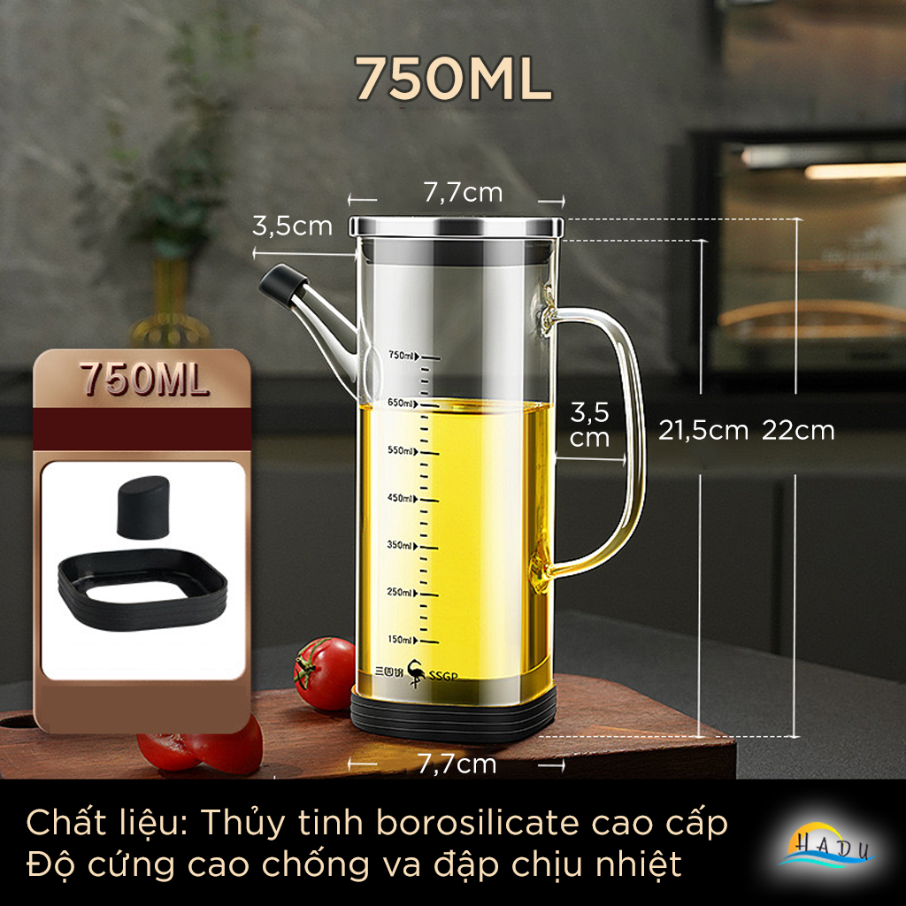 Bình Rót Dầu Ăn Thủy Tinh SSGP 550ml, 750ml Chống Rò Rỉ, Có Vạch Chia, Đạt Chất Lượng LFGB Đức