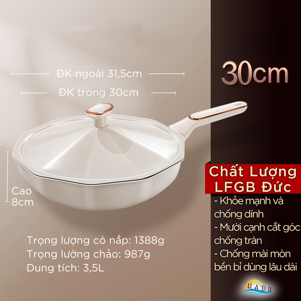 Chảo Chống Dính Bếp Từ SSGP 30cm, Nắp Xoay Điều Áp, Phủ Đá Y Tế, Màu Trắng, Đạt Chất Lượng LFGB Đức