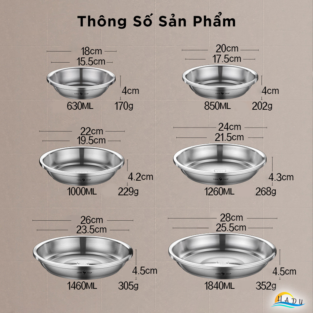 Đĩa Inox 304 Sâu Lòng SSGP, Chống Trầy, Xếp Chồng Gọn, Nhiều Size, Đạt Chất Lượng LFGB Đức