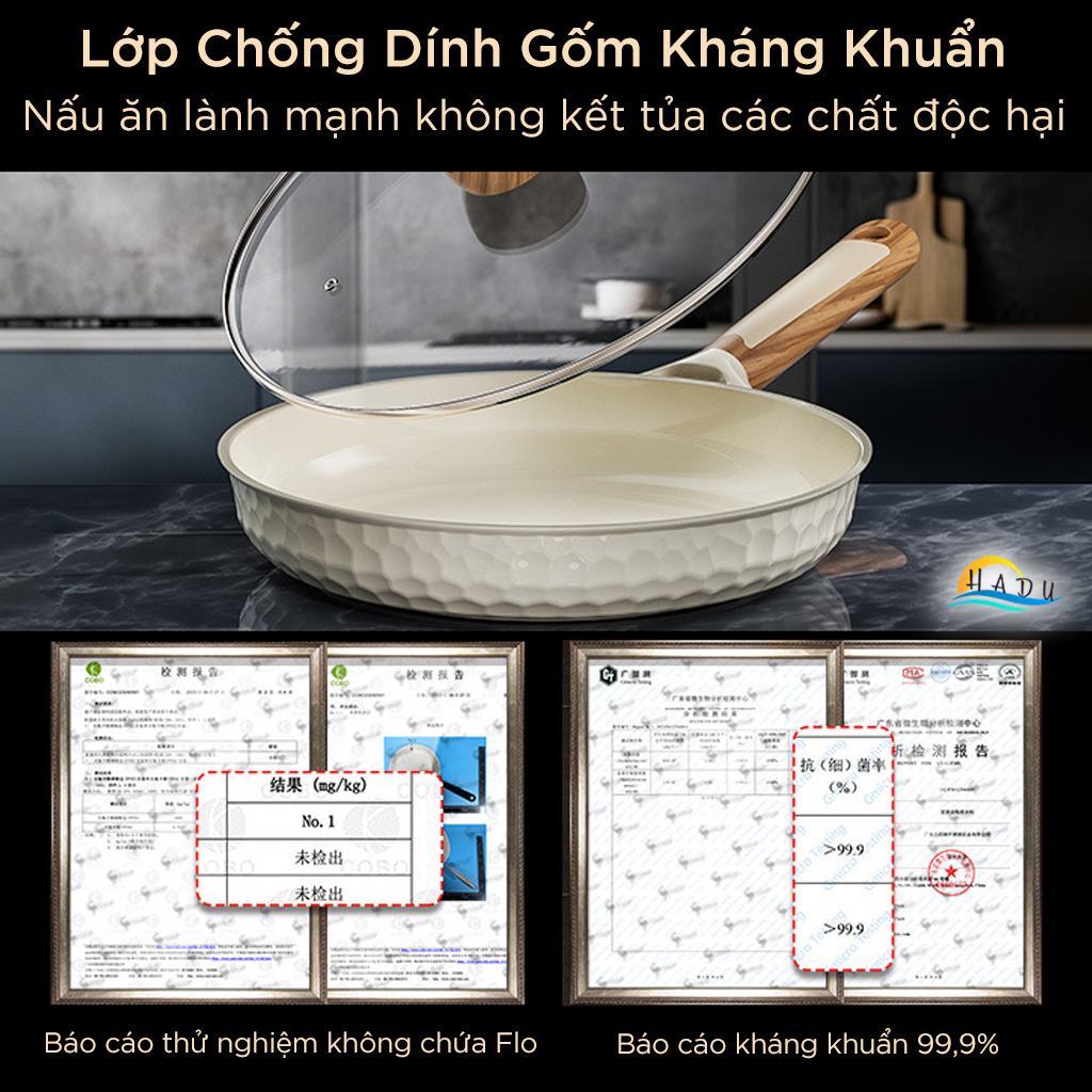 Chảo Gốm Chống Dính Kháng Khuẩn SSGP, 26cm, 28cm, Lòng Sâu, Độ Cứng 9H, Có Nắp Kính, Đạt Chất Lượng LFGB Đức