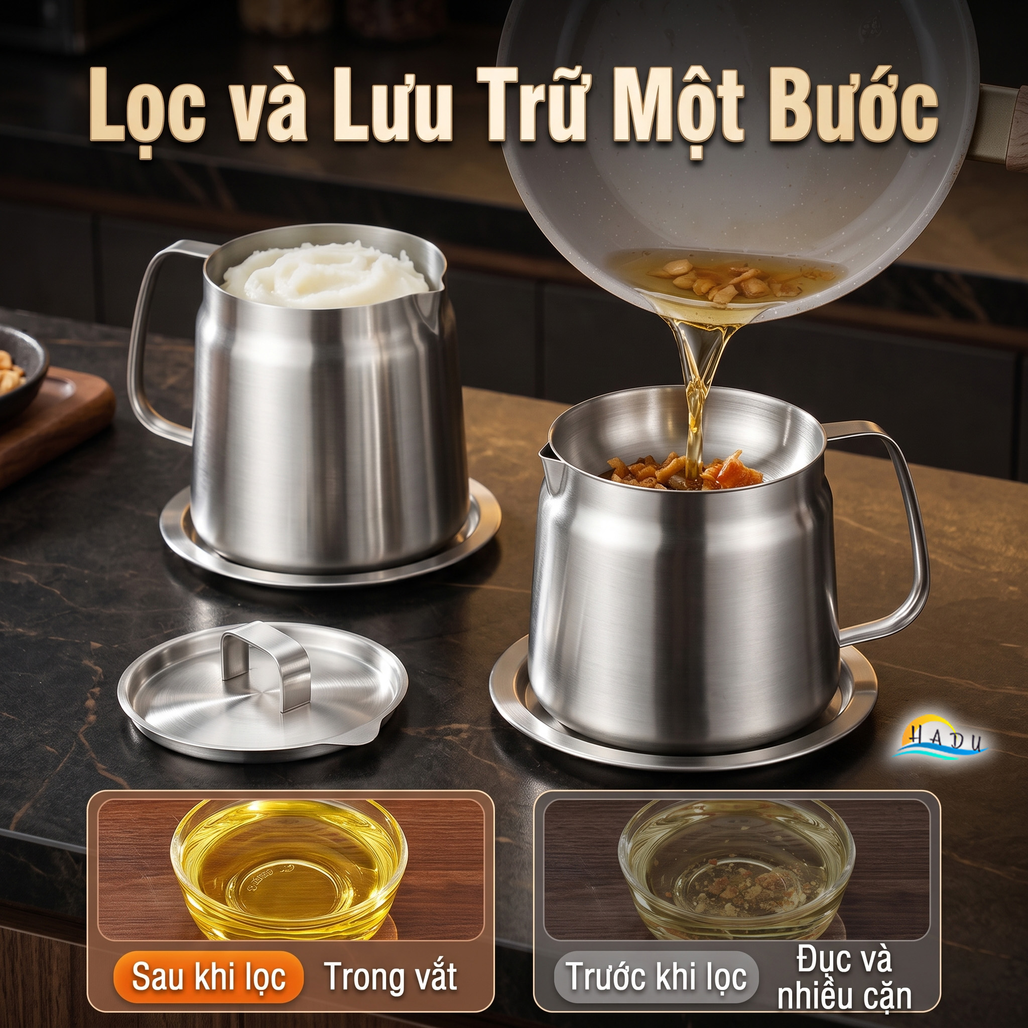 Bình Ca Lọc Dầu Ăn Inox 304 Cao Cấp Có Khay Hứng Tiện Lợi Đạt Chất Lượng LFGB SSGP