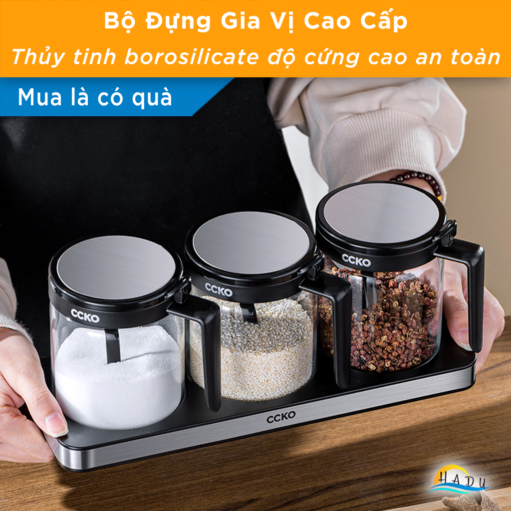 Bộ 3 Hũ Đựng Gia Vị Thủy Tinh CCKO, Nắp Vỏ Sò, Kèm Thìa và Khay