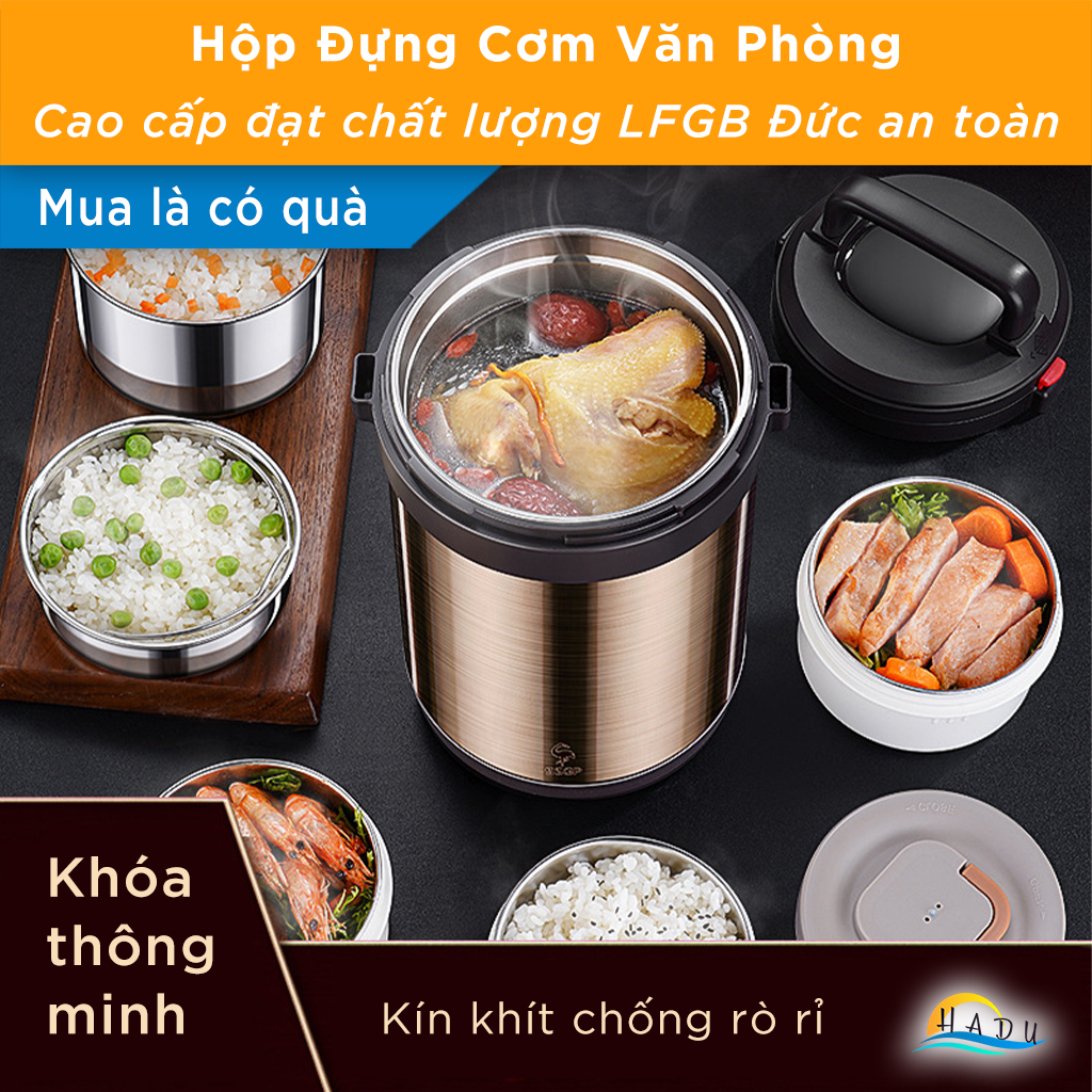 Hộp Đựng Cơm Giữ Nhiệt Inox 304 Cao Cấp, Công Nghệ Chân Không 6 Lớp, Kèm Túi Giữ Nhiệt, Đáy Silicone Chống Trơn, Màu Vàng Đồng SSGP