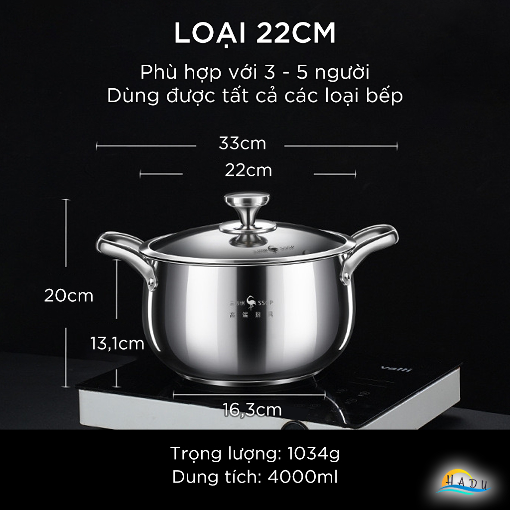 Nồi Hầm Inox 316L SSGP Đáy 5 Lớp, 22cm, 24cm, Kháng Khuẩn, Đạt Chất Lượng LFGB Đức