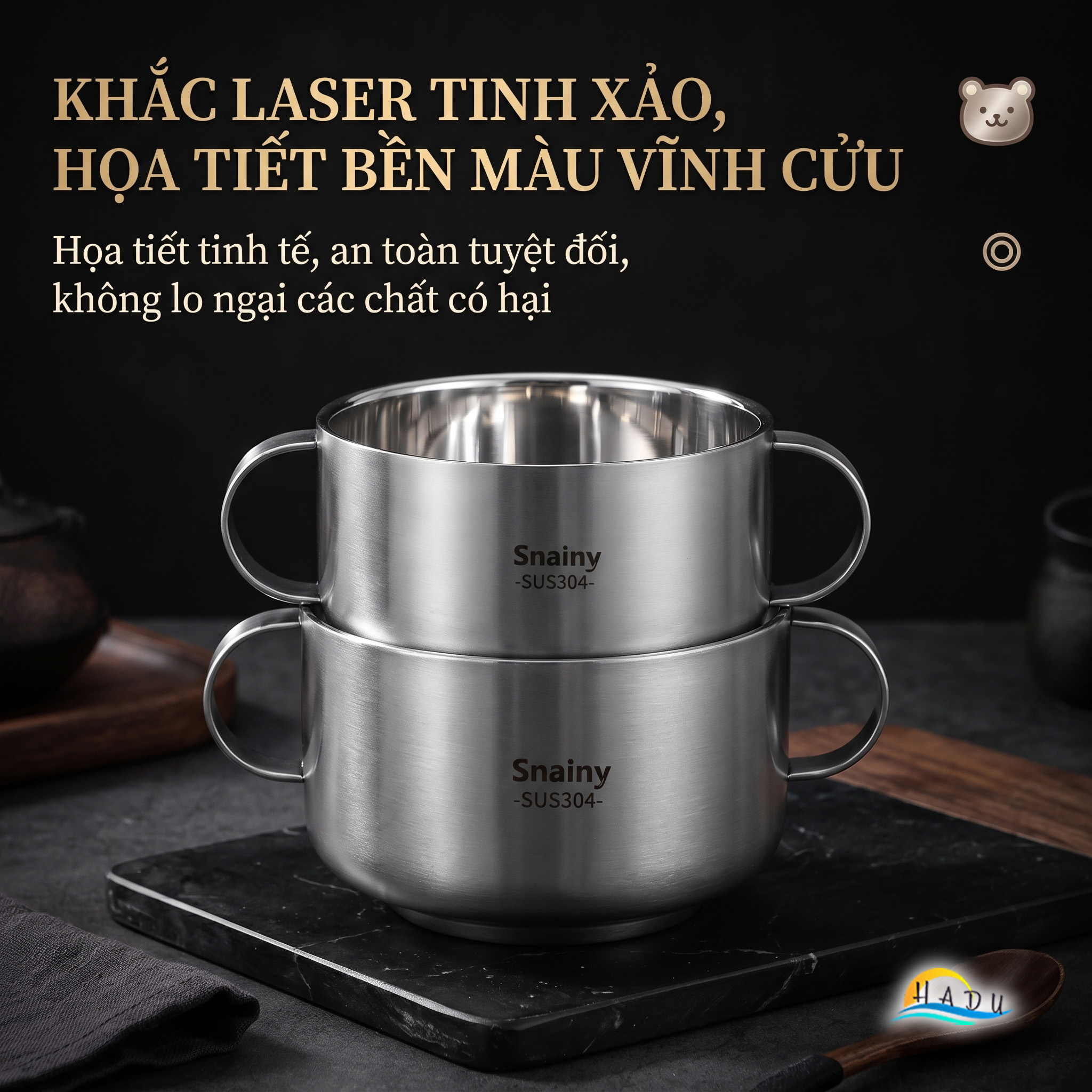 Bát Tô Chén Ăn Dặm Inox 304 Hai Quai Cách Nhiệt Chân Không Chống Nóng Cho Bé Snainy