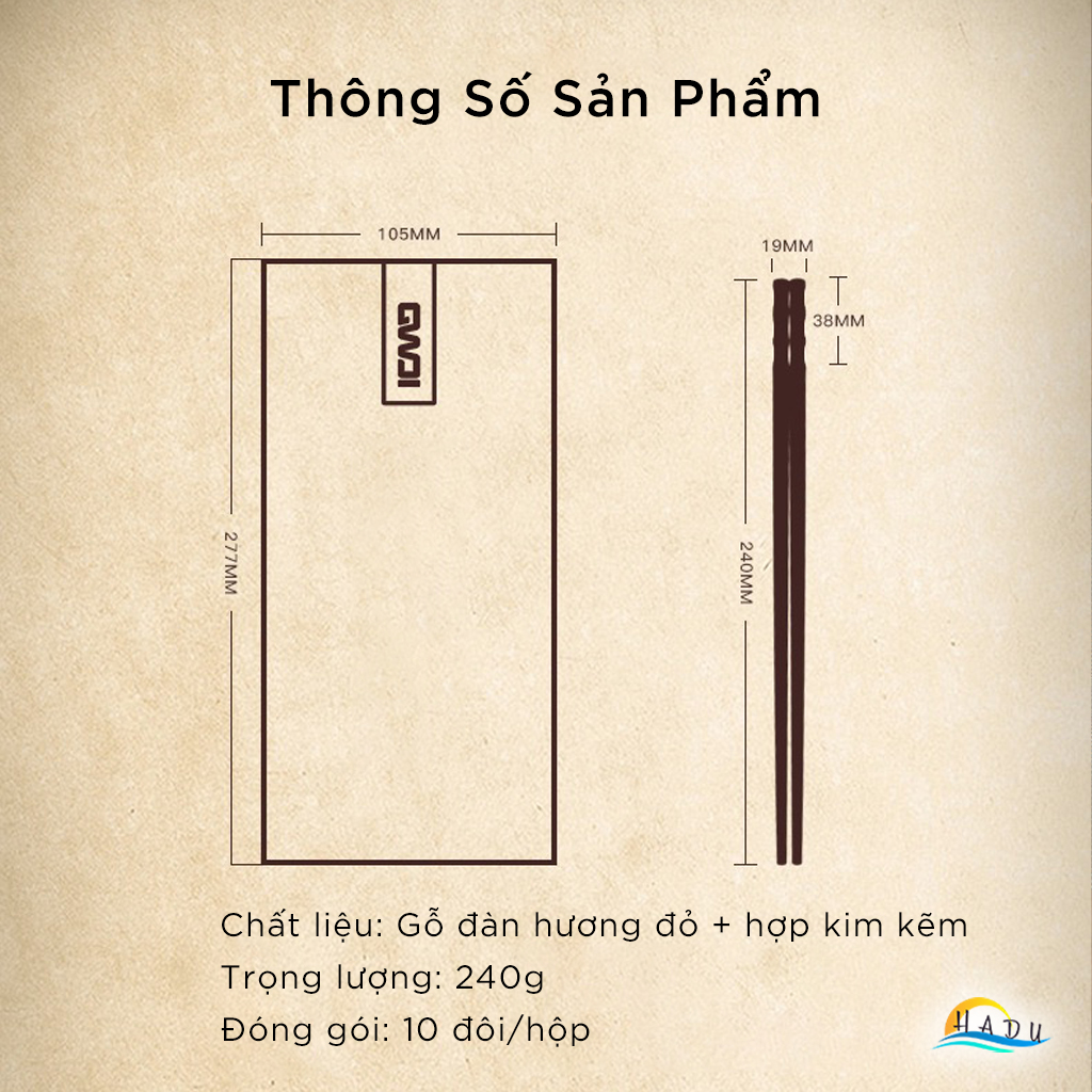 Bộ 10 Đôi Đũa Gỗ Đàn Hương Đỏ HADU, Đầu Hợp Kim Kẽm, Chống Mốc, Dài 24cm