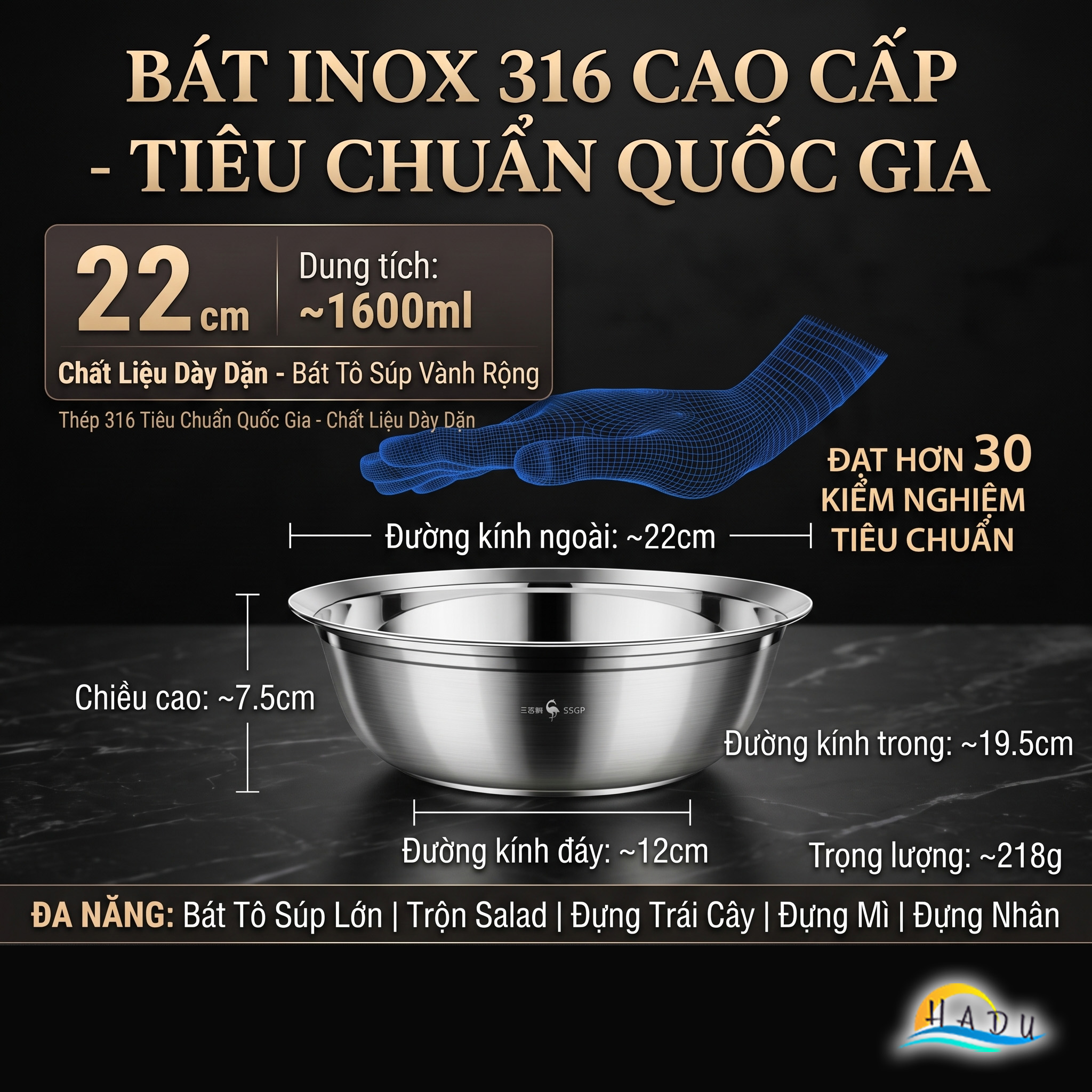 Thau Bát Tô Chậu Inox 316 Cao Cấp Chống Trào Đa Năng Dày Dặn Dùng Được Bếp Từ Bếp Gas SSGP
