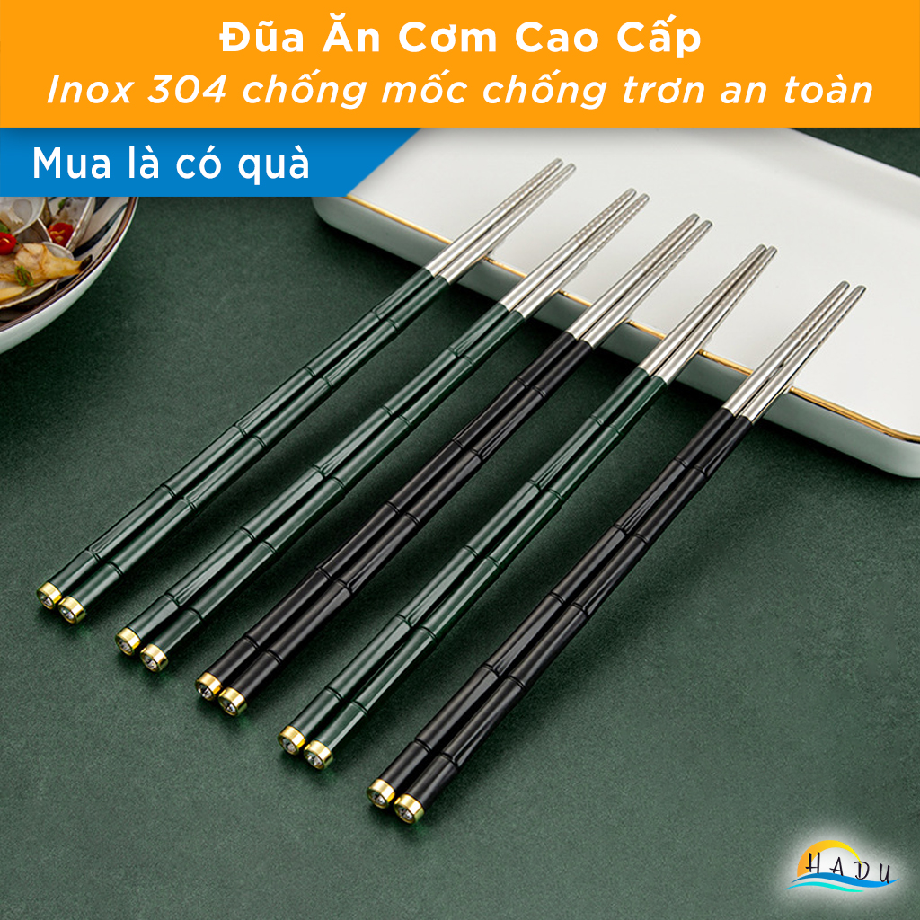 Bộ 10 Đôi Đũa Inox 304 HADU, Tay Cầm Chống Trượt, Kháng Khuẩn Ag+, Cách Nhiệt, 24.3cm