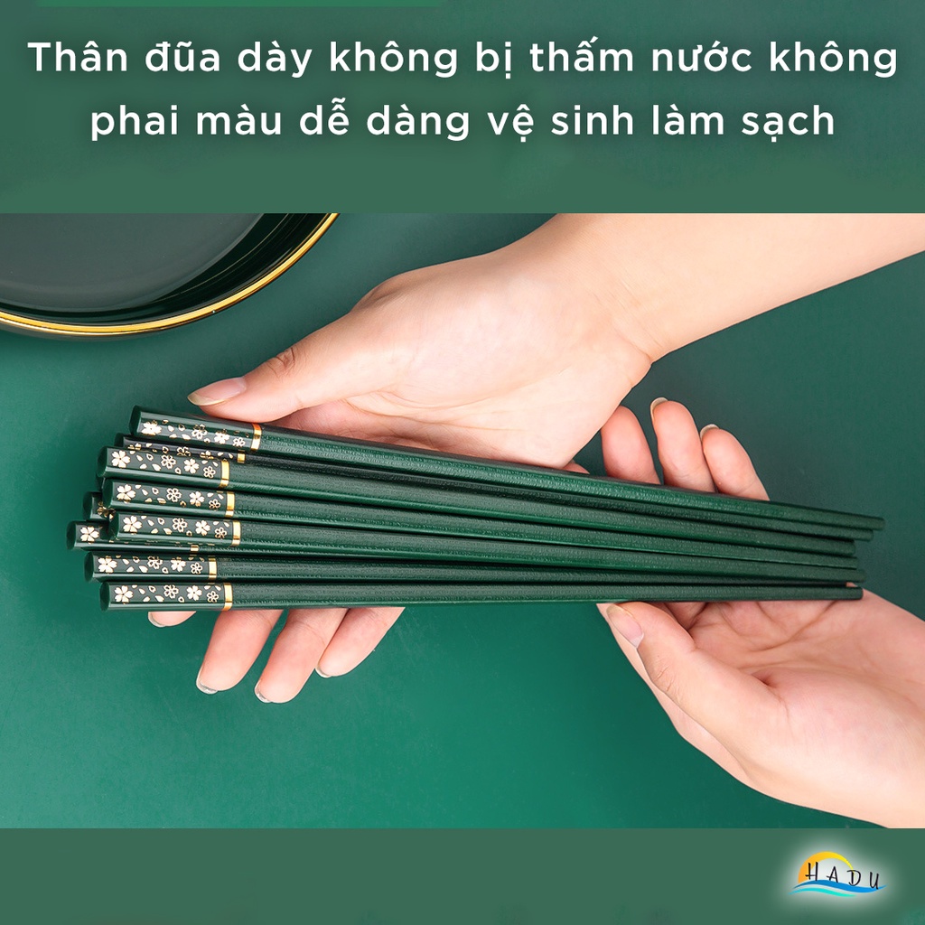 Bộ 5 Đôi Đũa Sợi Thủy Tinh HADU Họa Tiết Hoa Anh Đào, Kháng Khuẩn, Chống Trơn, 24.3cm, Màu Xanh Bắc Âu