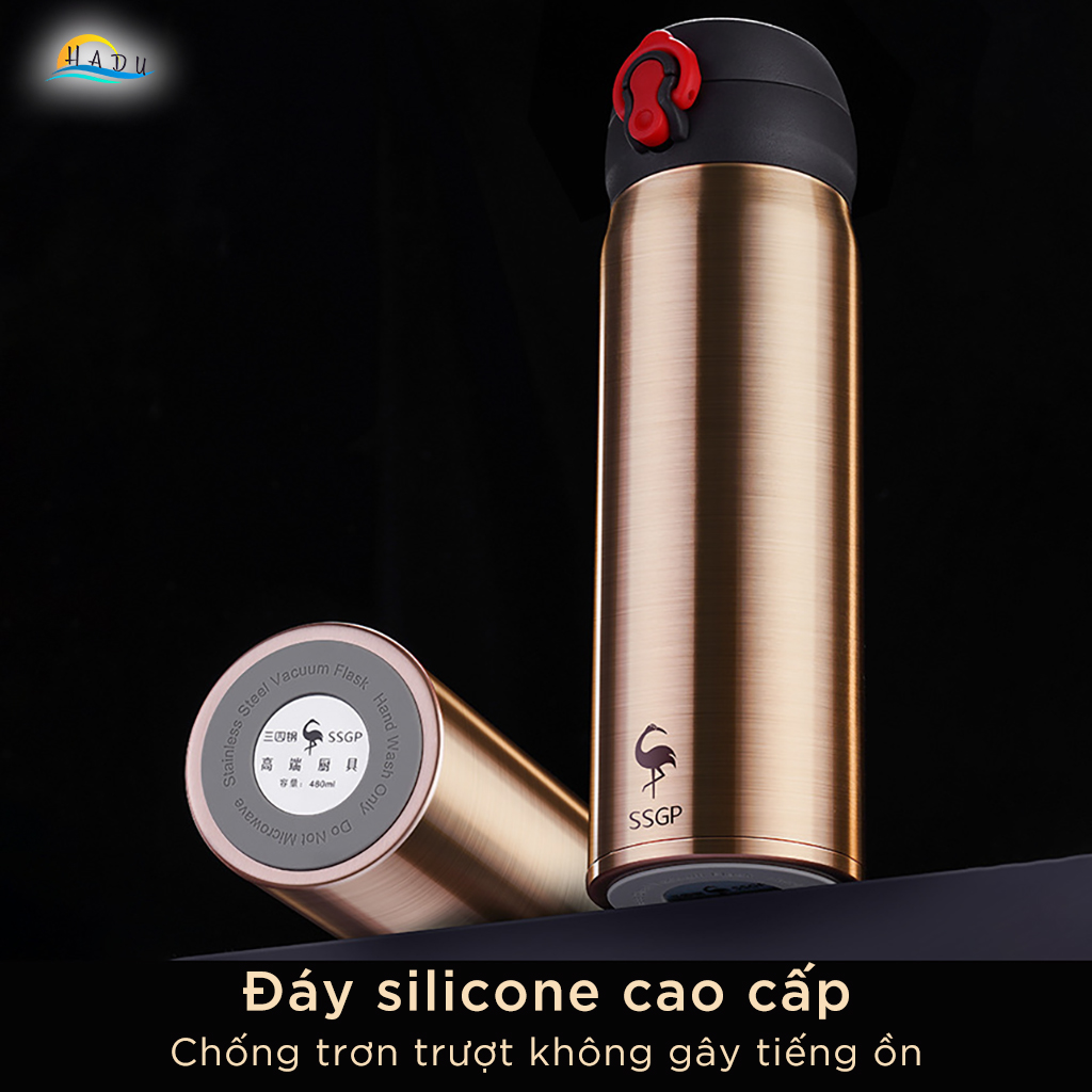 Bình Giữ Nhiệt Inox 316 Cao Cấp 480ml, Giữ Nhiệt 24h, Nắp Khóa 3 Lớp An Toàn, Kiểu Nhật Bản, Màu Vàng Đồng SSGP