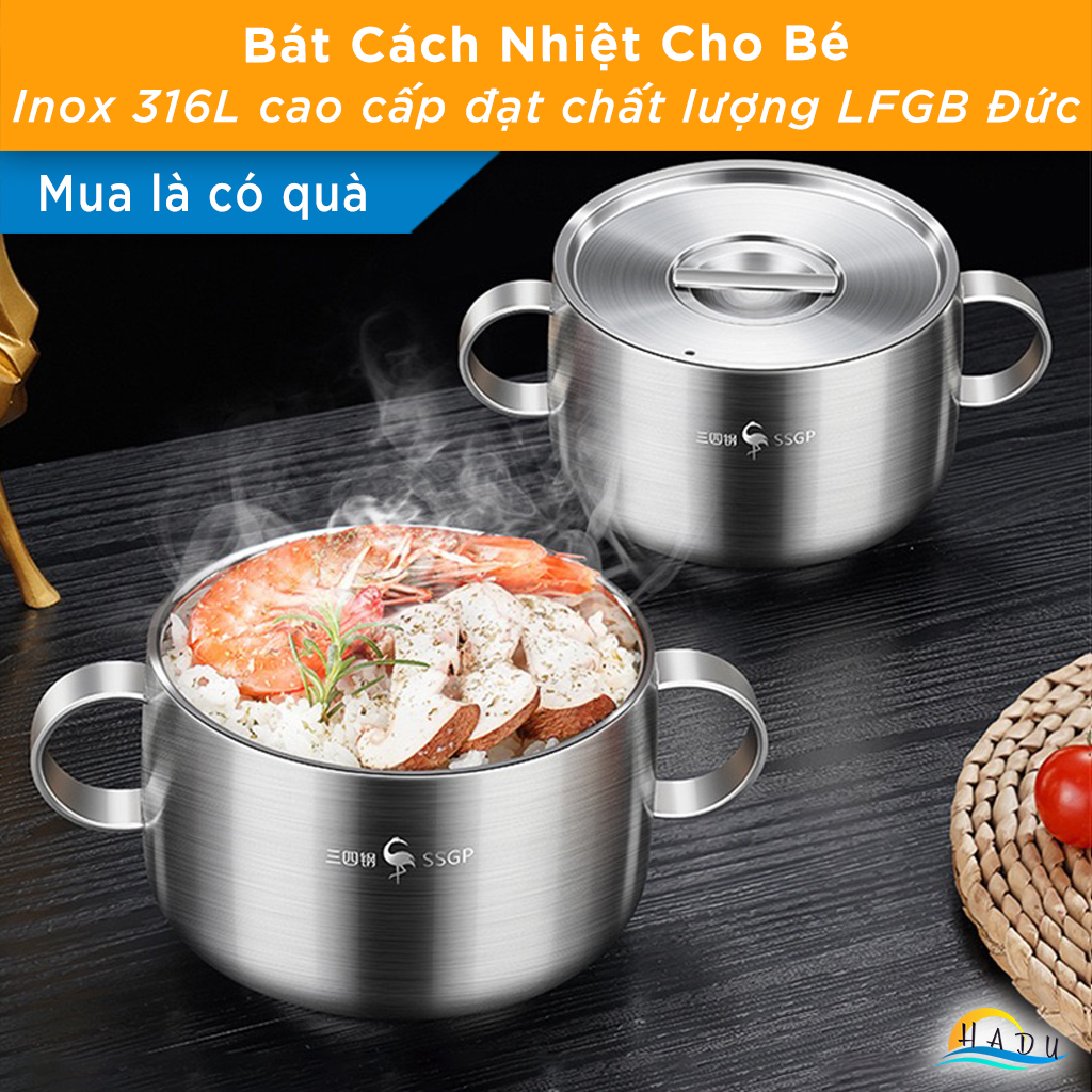 Bát Ăn Dặm Cho Bé SSGP Inox 316L, 2 Lớp Chống Nóng, Có Tay Cầm và Nắp, 11cm, Đạt Chất Lượng LFGB Đức