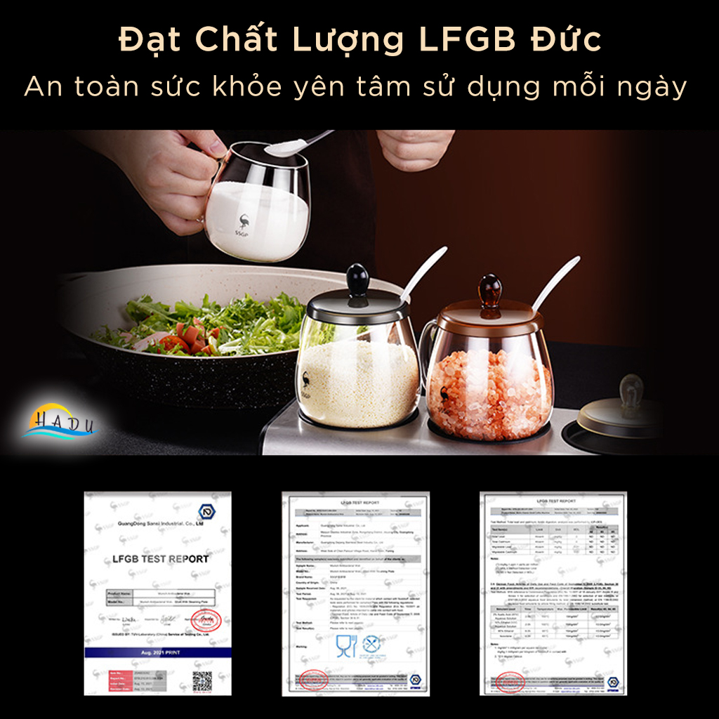 Bộ 3 Hũ Gia Vị Thủy Tinh Borosilicate SSGP, Nắp Nhiều Màu, Xếp Chồng, Kèm Khay, Đạt Chất Lượng LFGB Đức