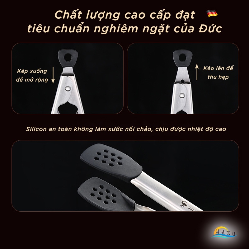 Kẹp Gắp Thức Ăn Inox 304 SSGP, Đầu Bọc Silicone, Không Trầy Xước Nồi, Dài 29.5cm, Đạt Chất Lượng LFGB Đức