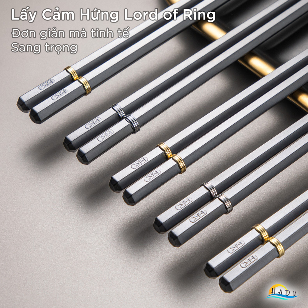 Đũa Ăn Cơm Kiểu Nhật Bản Cao Cấp HADU - Màu Đen Sang Trọng, Viền Kim Loại "King Of Ring", Chống Mốc, Chịu Nhiệt 120°C