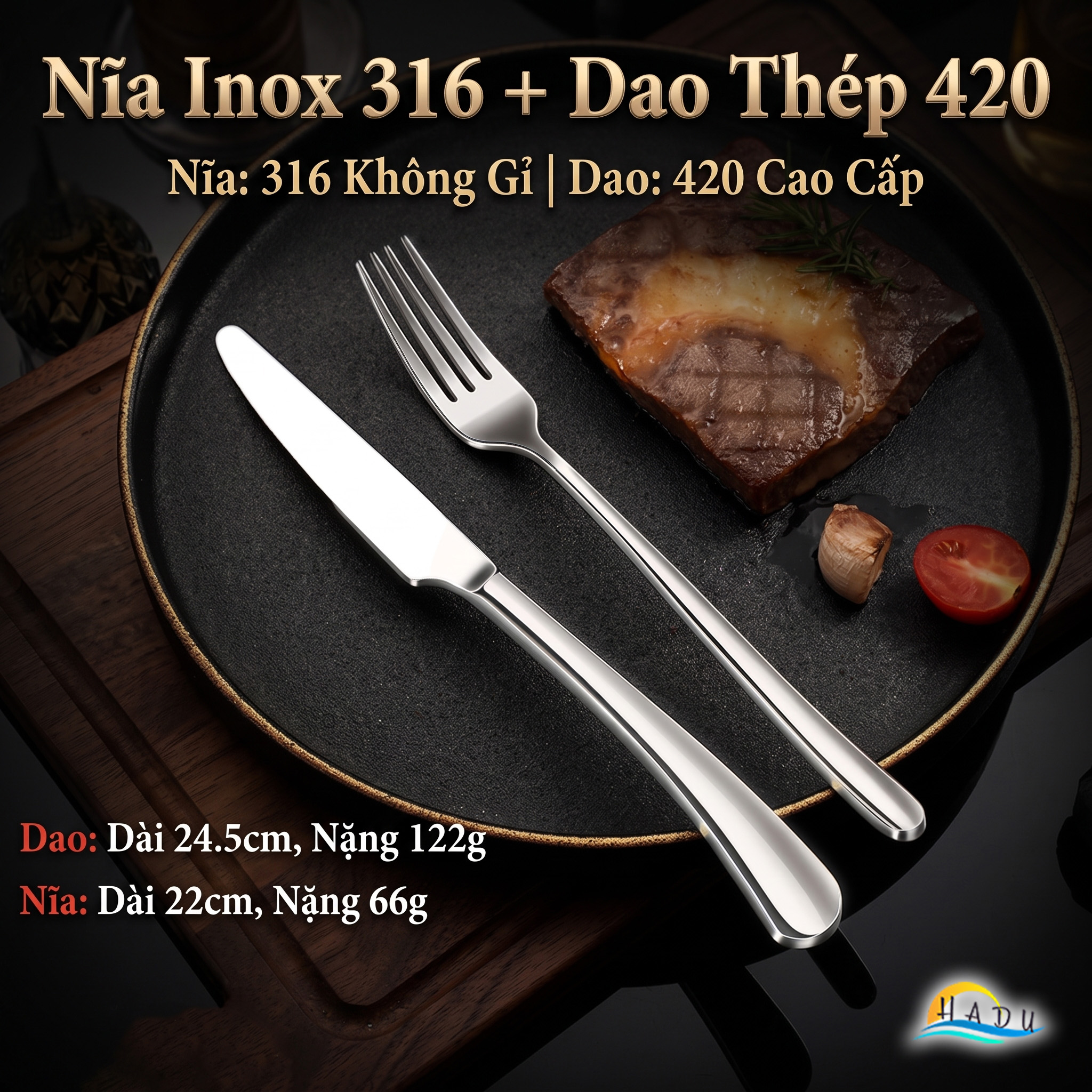 Bộ Dao Dĩa Bít Tết Cao Cấp SSGP Dao Thép 420 Nĩa Inox 316 Lưỡi Cưa 3 Lớp Siêu Sắc Bén