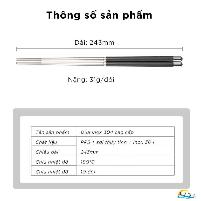 Bộ 10 Đôi Đũa Inox 304 Phối Sợi Thủy Tinh HADU, Kháng Khuẩn, Chống Trượt, Kèm Hộp Sang Trọng