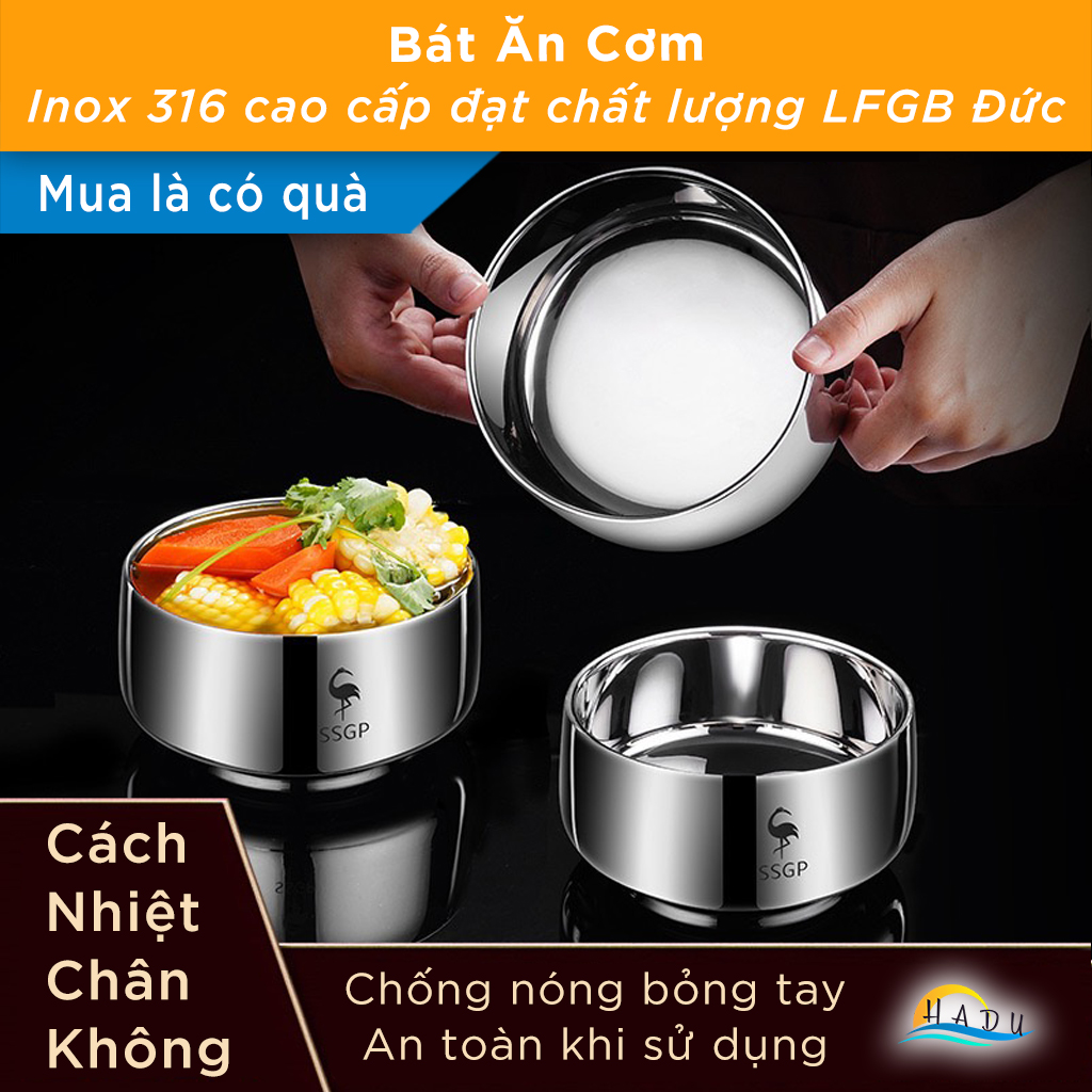 Bát Ăn Cơm Inox 316L SSGP, 2 Lớp Cách Nhiệt Chống Nóng, 380ml, Đạt Chất Lượng LFGB Đức
