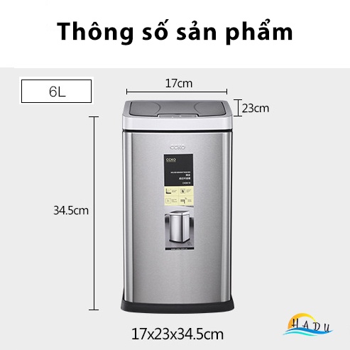 Thùng Rác Cảm Ứng Tự Động CCKO 6L, Thân Inox Chống Vân Tay, Cắm Điện, Đèn LED