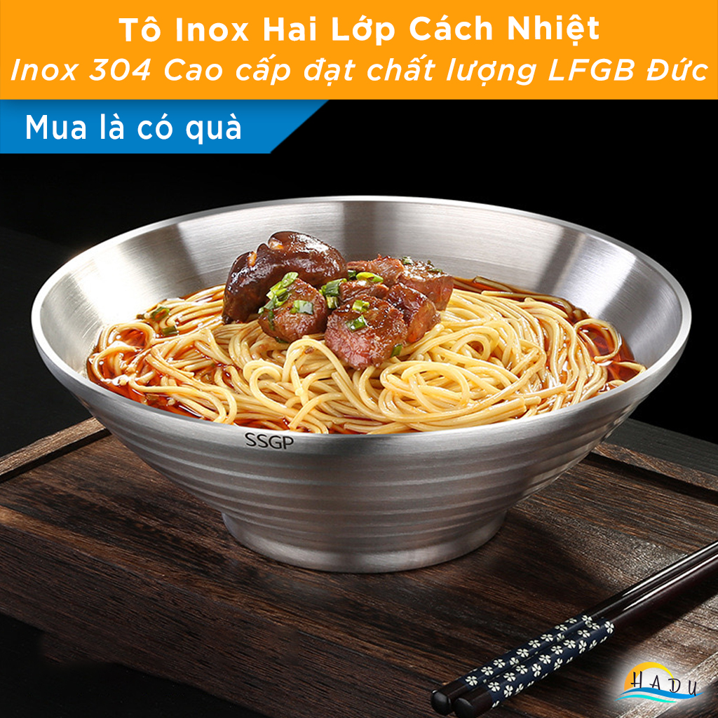 Tô Ăn Mì Phở Inox 304 SSGP, 2 Lớp Cách Nhiệt Chống Nóng, Chân Đế Cao, 24cm, Đạt Chất Lượng LFGB Đức