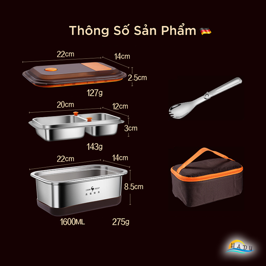 Hộp Cơm Giữ Nhiệt 2 Tầng SSGP 1600ml, Lõi Inox 304, Dùng Lò Vi Sóng, Kèm Túi`, Đạt Chất Lượng LFGB Đức