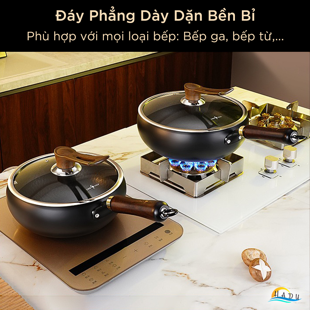 Chảo Sắt Rèn Thủ Công SSGP 28cm Đã Tôi, Chảo Gang Sâu Lòng Chống Dính Tự Nhiên Dùng Bếp Từ, Kèm Nắp