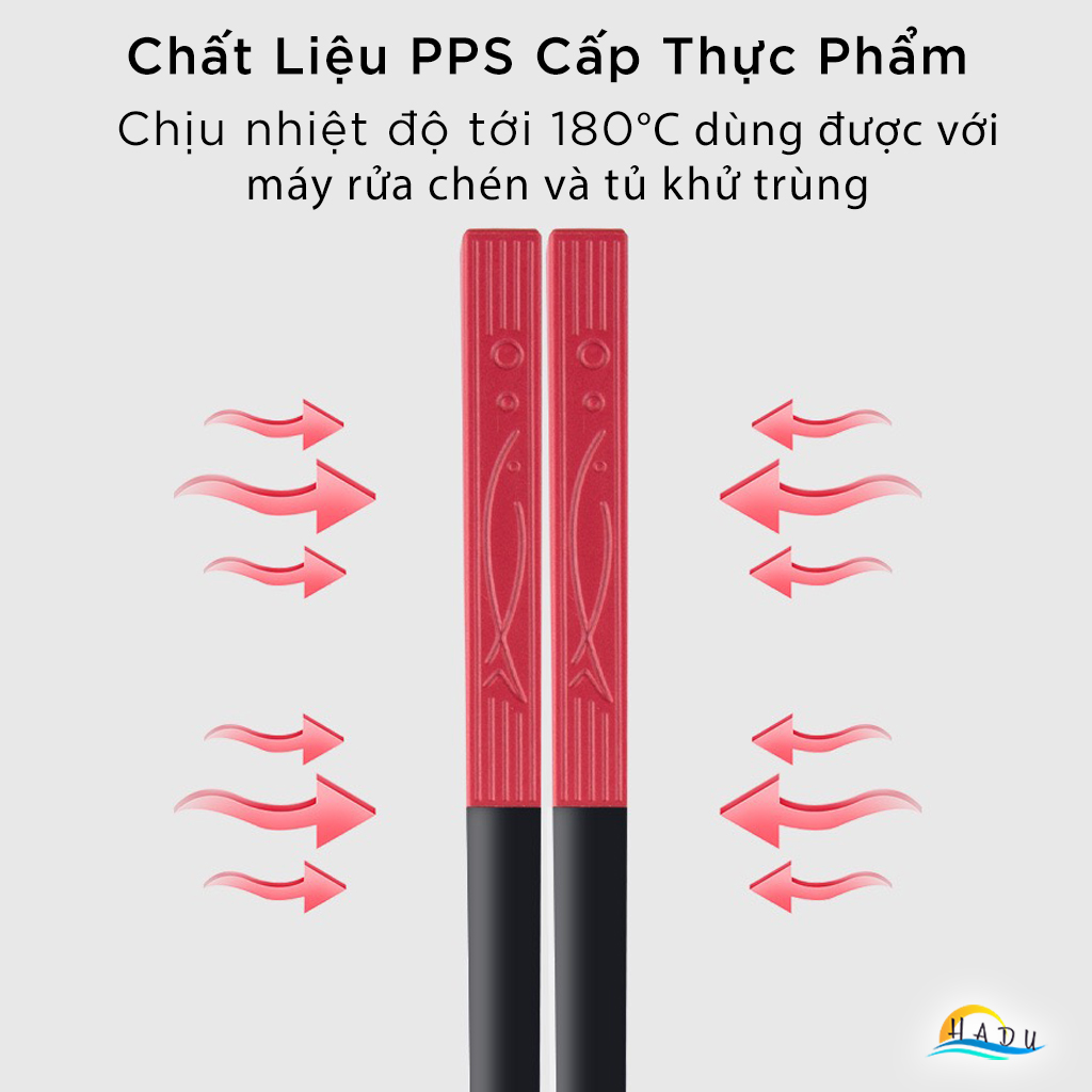 Bộ 5 Đôi Đũa Sợi Thủy Tinh HADU Họa Tiết Song Ngư, Chống Trơn, Chịu Nhiệt, 24.3cm, Đuôi 5 Màu