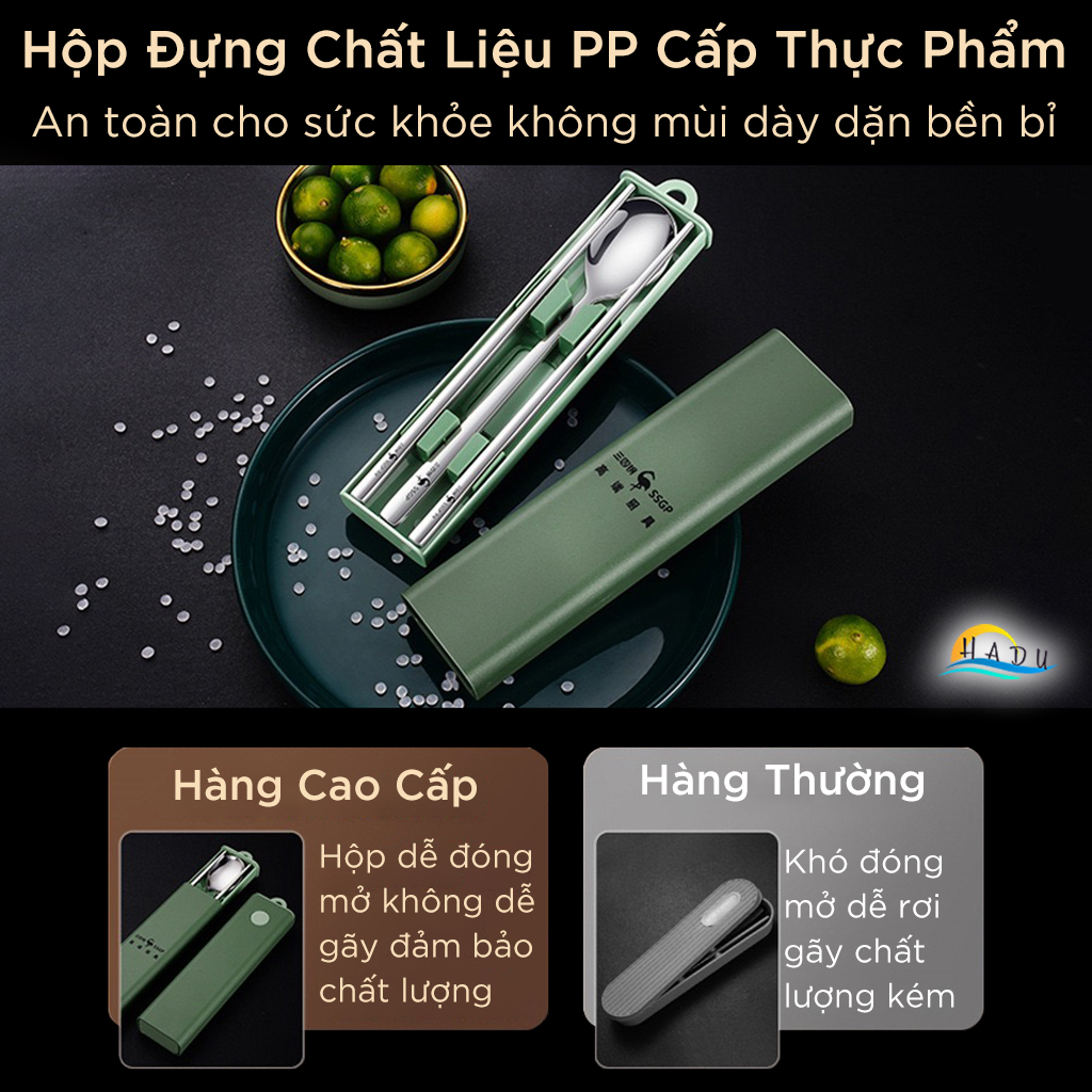 Bộ Thìa Dĩa Du Lịch SSGP Inox 316L, Kèm Hộp Đựng Màu Xanh, Kháng Khuẩn, Đạt Chất Lượng LFGB Đức