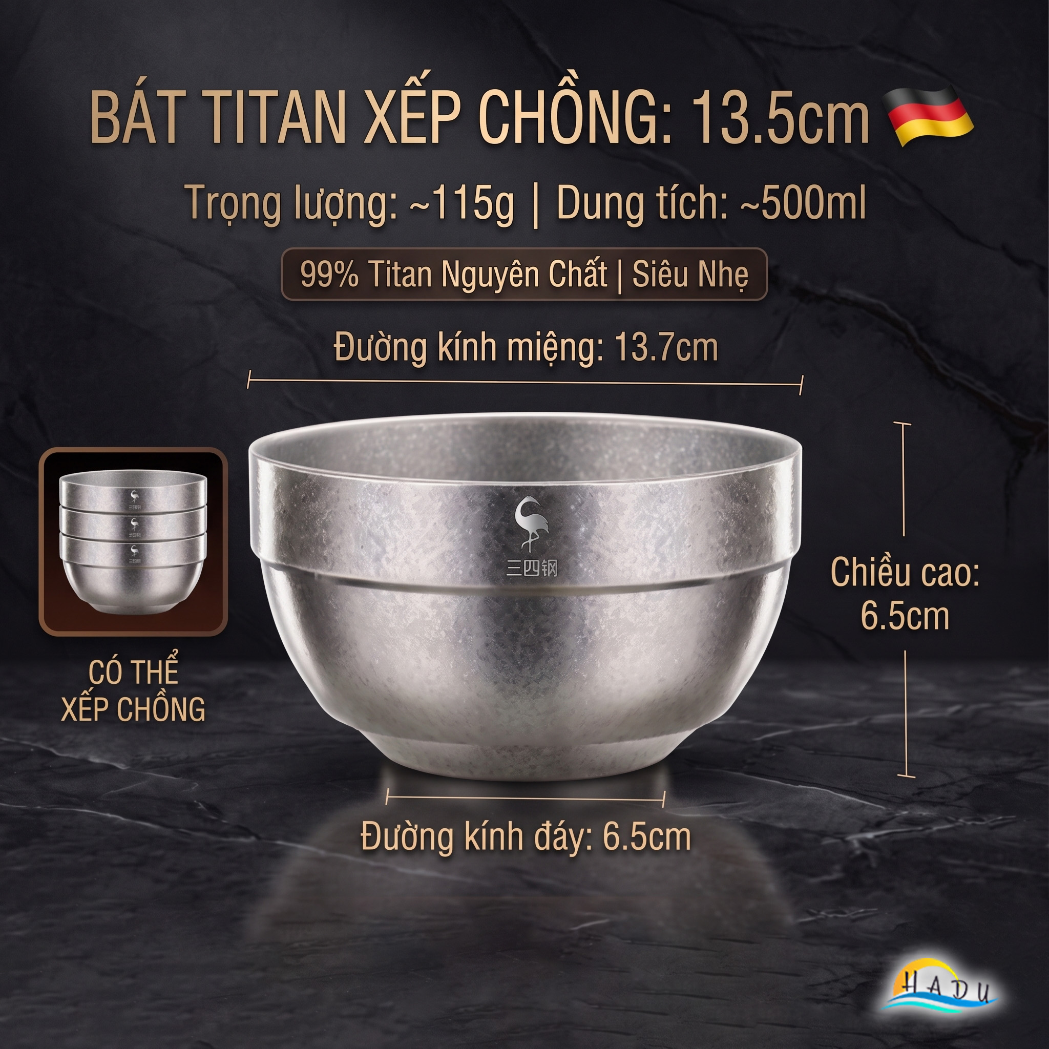 Bát Titan Cách Nhiệt 2 Lớp SSGP, Nguyên Chất, Siêu Nhẹ 100g, 11.5cm, Đạt Chất Lượng LFGB Đức