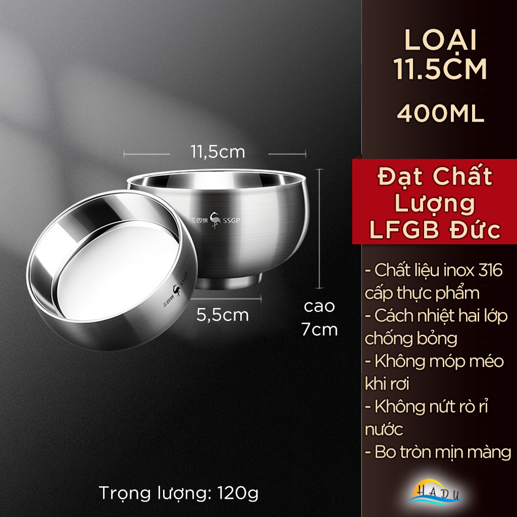 Bát Ăn Cơm Inox 316L SSGP, 2 Lớp Cách Nhiệt Chống Nóng, 380ml, Đạt Chất Lượng LFGB Đức