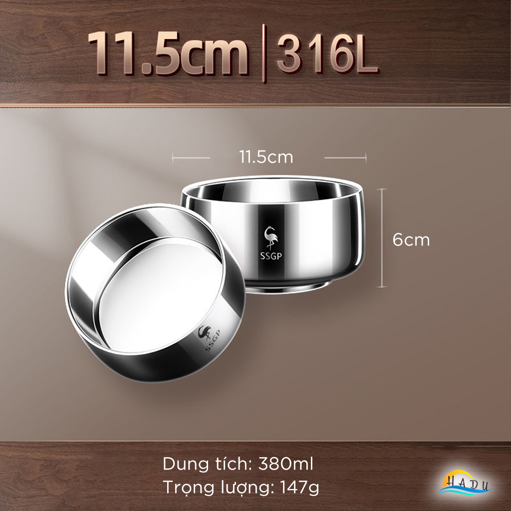 Bát Ăn Cơm Inox 316L SSGP, 2 Lớp Cách Nhiệt Chống Nóng, 380ml, Đạt Chất Lượng LFGB Đức