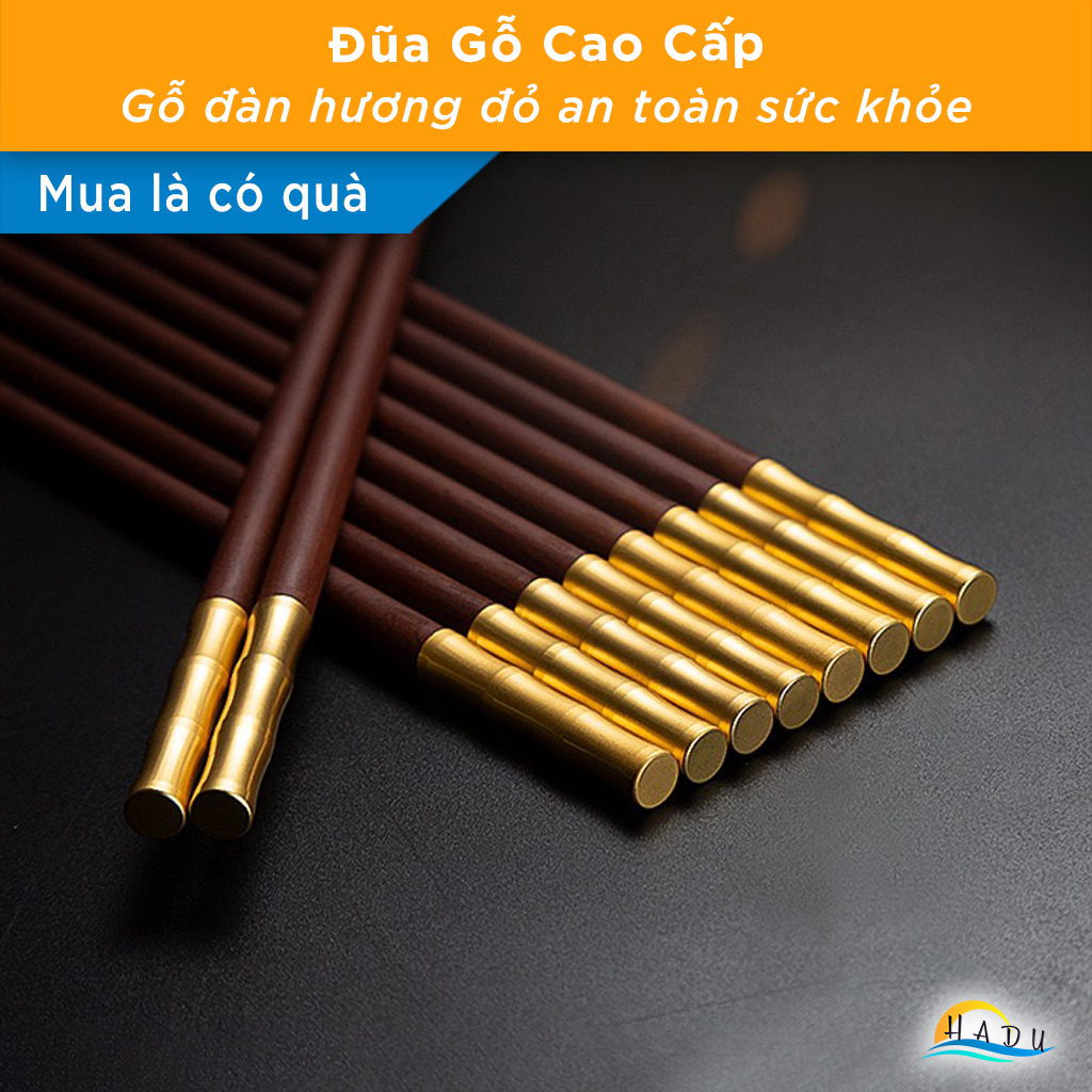 Bộ 10 Đôi Đũa Gỗ Đàn Hương Đỏ HADU, Đầu Hợp Kim Kẽm, Chống Mốc, Dài 24cm