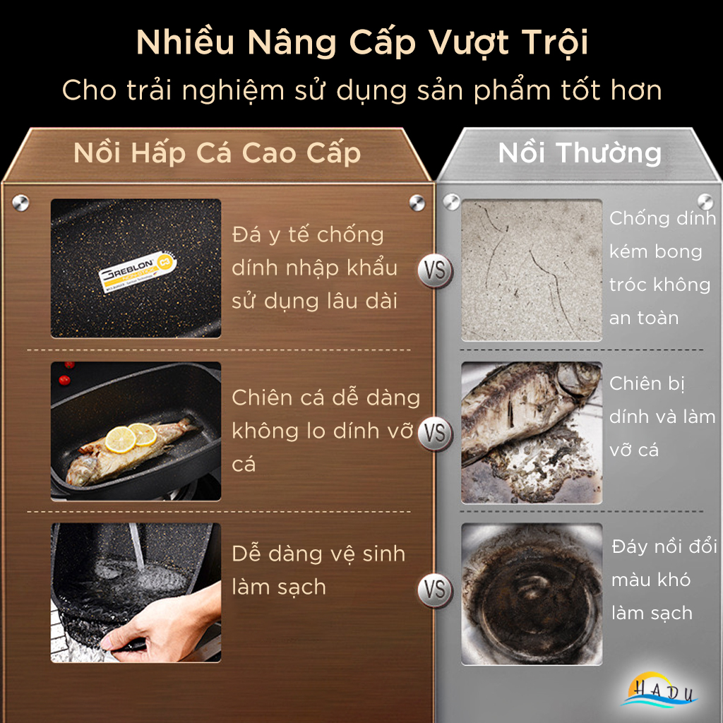 Nồi Hấp Cá Nguyên Con Hình Bầu Dục Cách Thủy Chống Dính 32cm Cao Cấp Đạt Chất Lượng LFGB Đức SSGP