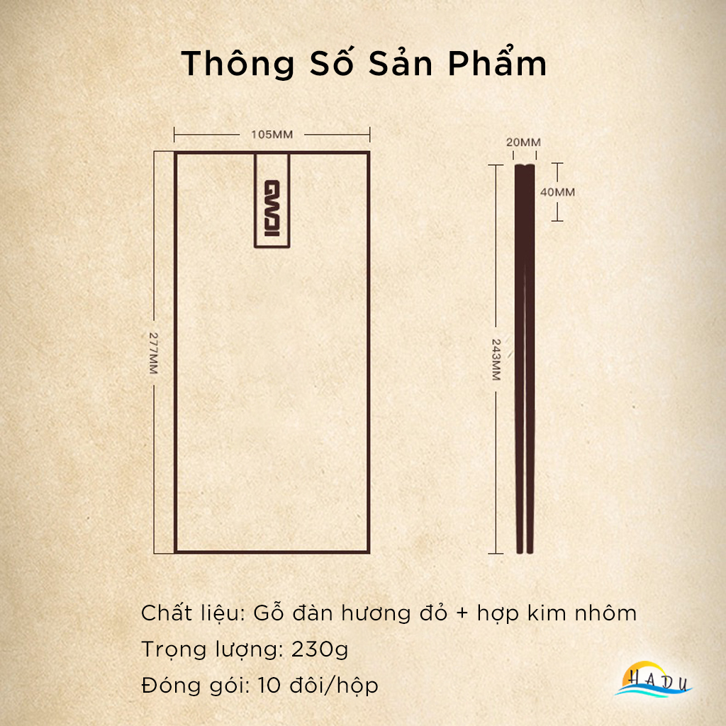 Bộ 10 Đôi Đũa Gỗ Đàn Hương Đỏ HADU, Đầu Hợp Kim Nhôm, Chống Mốc, Dài 24.3cm