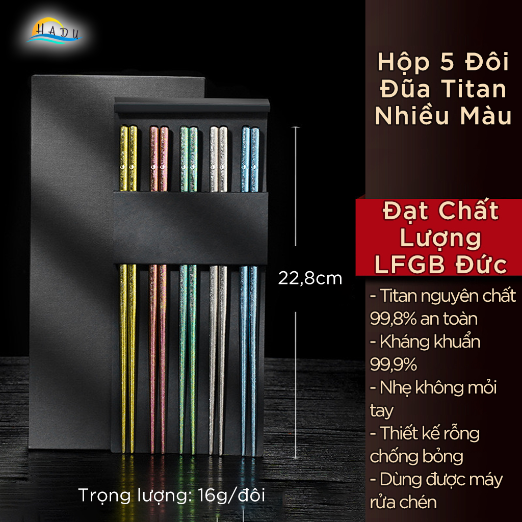 Bộ 5 Đôi Đũa Titan SSGP Nguyên Chất, Kháng Khuẩn, Cách Nhiệt, Đạt Chất Lượng LFGB Đức