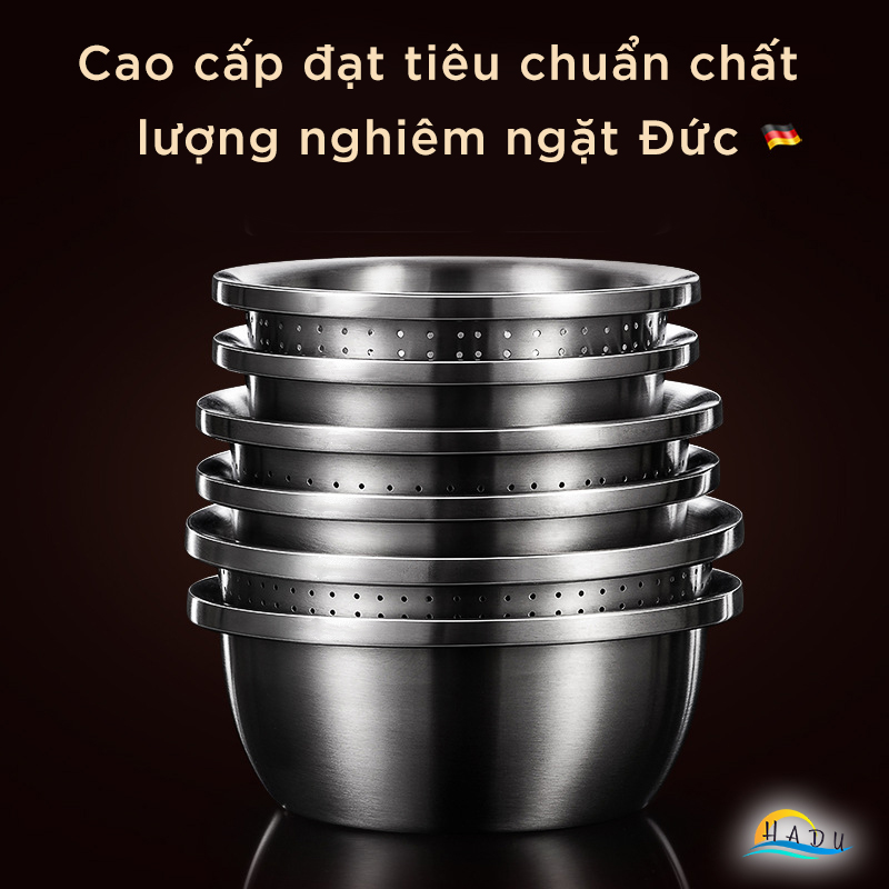 Bộ Rổ và Chậu Inox 304 SSGP, Đa Năng Rửa Rau Củ, Xếp Chồng Gọn, Nhiều Size, Đạt Chất Lượng LFGB Đức