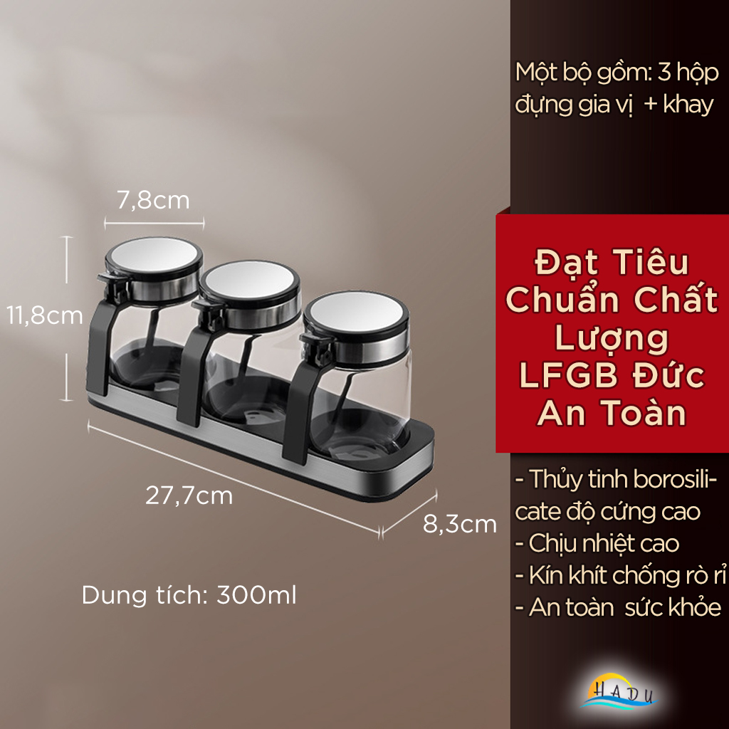 Bộ 3 Hũ Đựng Gia Vị Thủy Tinh SSGP, Nắp Inox 304, Chống Ẩm, Kèm Khay Đựng, Đạt Chất Lượng LFGB Đức