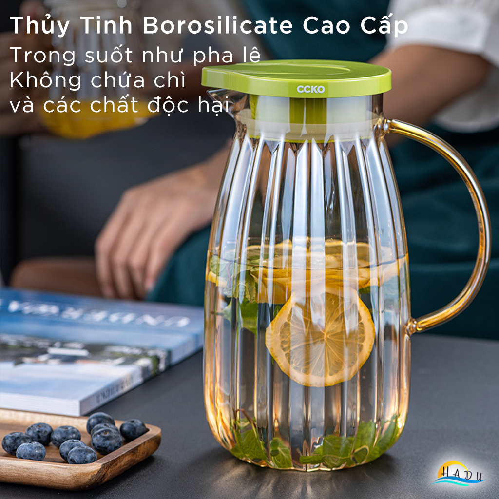 Bộ Bình và Cốc Thủy Tinh CCKO, Bình 1.8L Nắp Tự Động, Chịu Nhiệt, Nhiều Màu