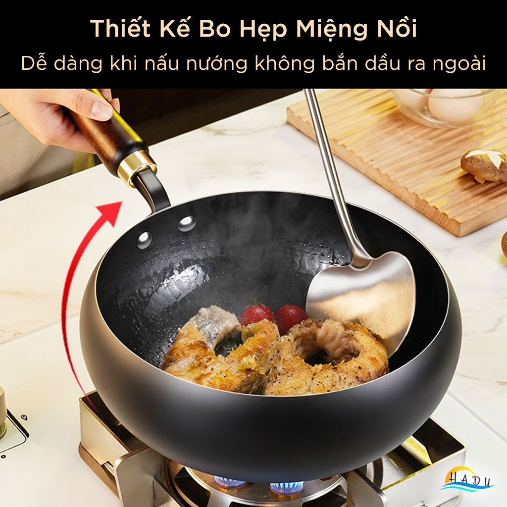 Chảo Sắt Rèn Thủ Công SSGP 28cm Đã Tôi, Chảo Gang Sâu Lòng Chống Dính Tự Nhiên Dùng Bếp Từ, Kèm Nắp